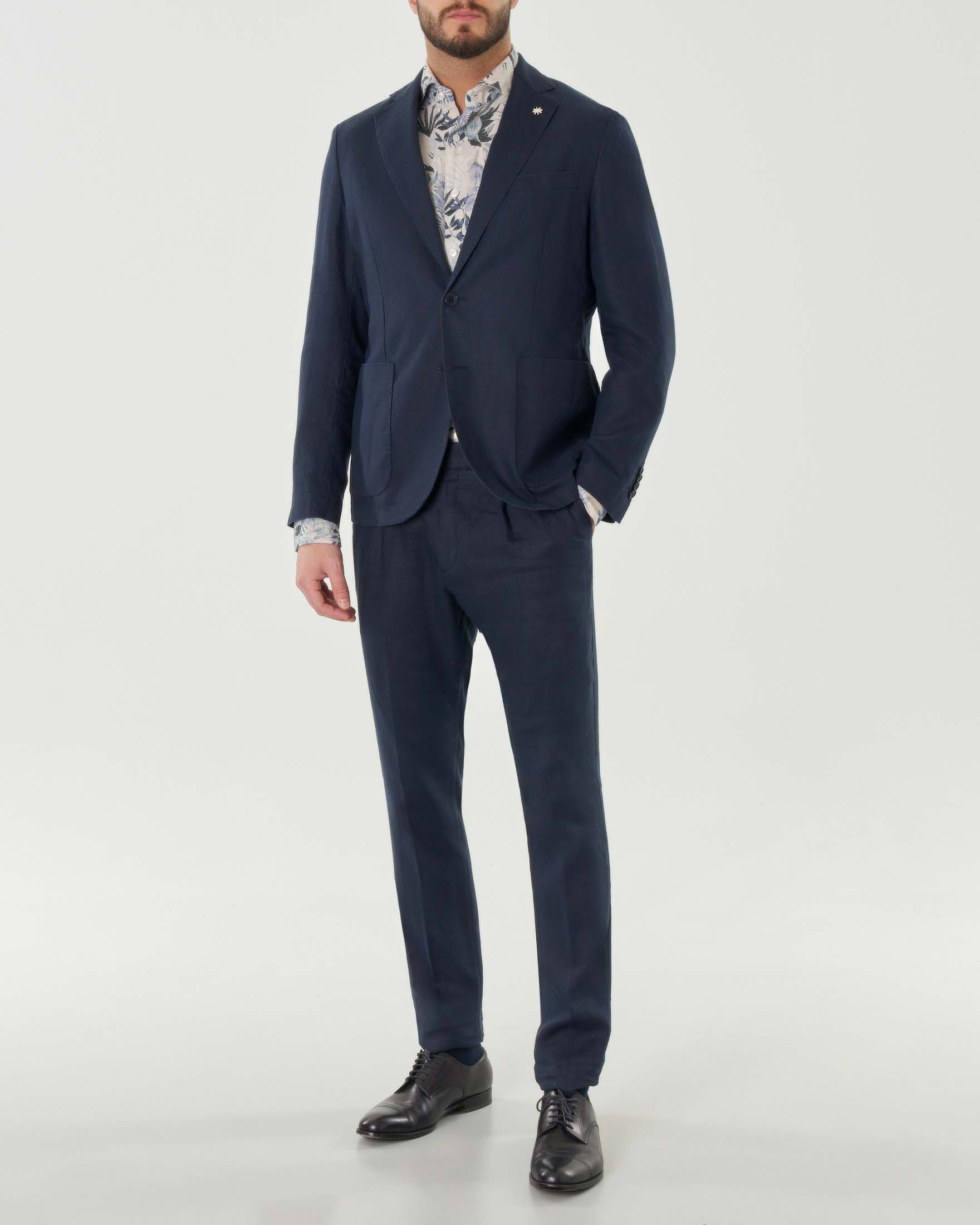 Abito blu in puro lino con rever classico