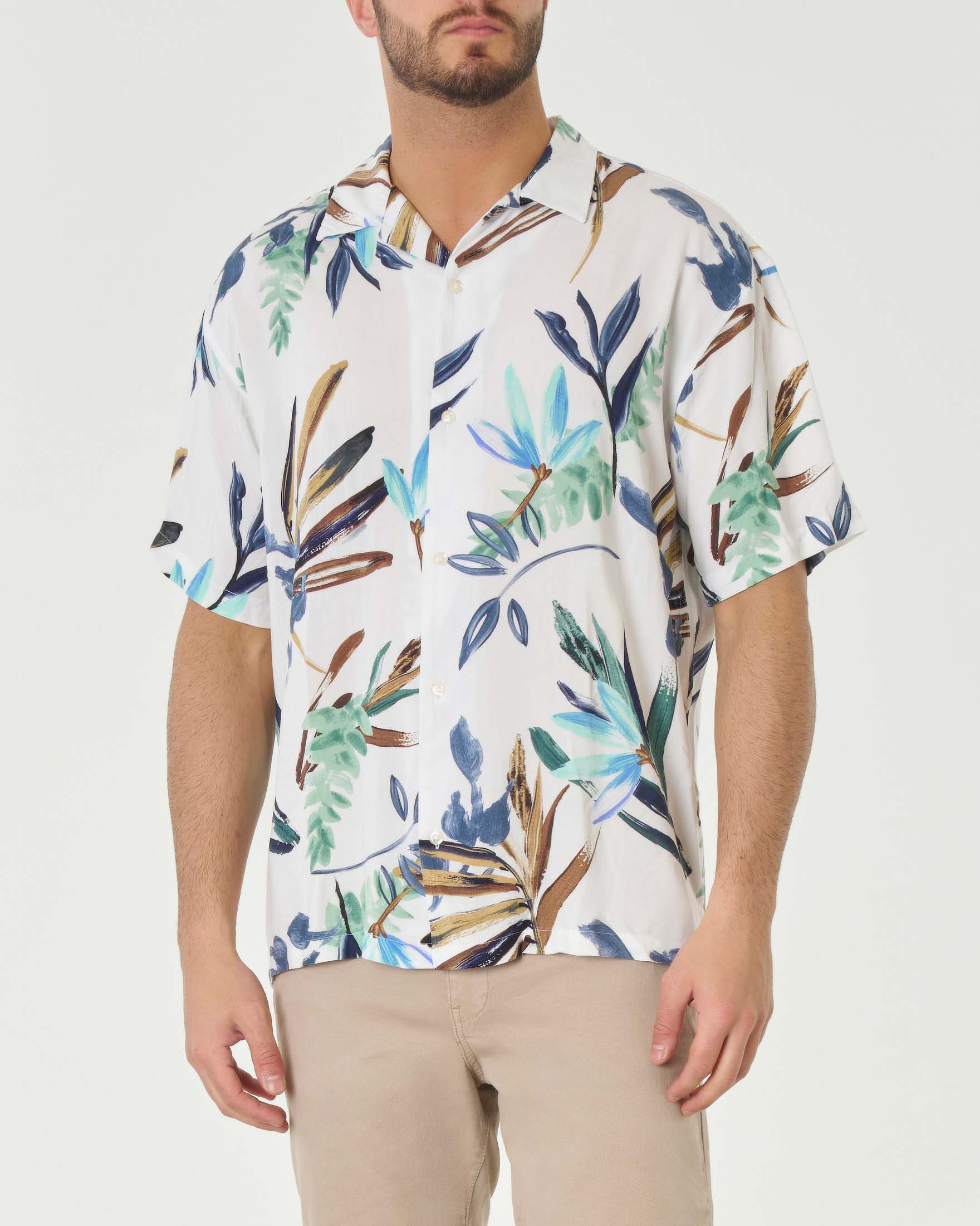 Camicia bowling bianca in viscosa con fantasia floreale multicolor