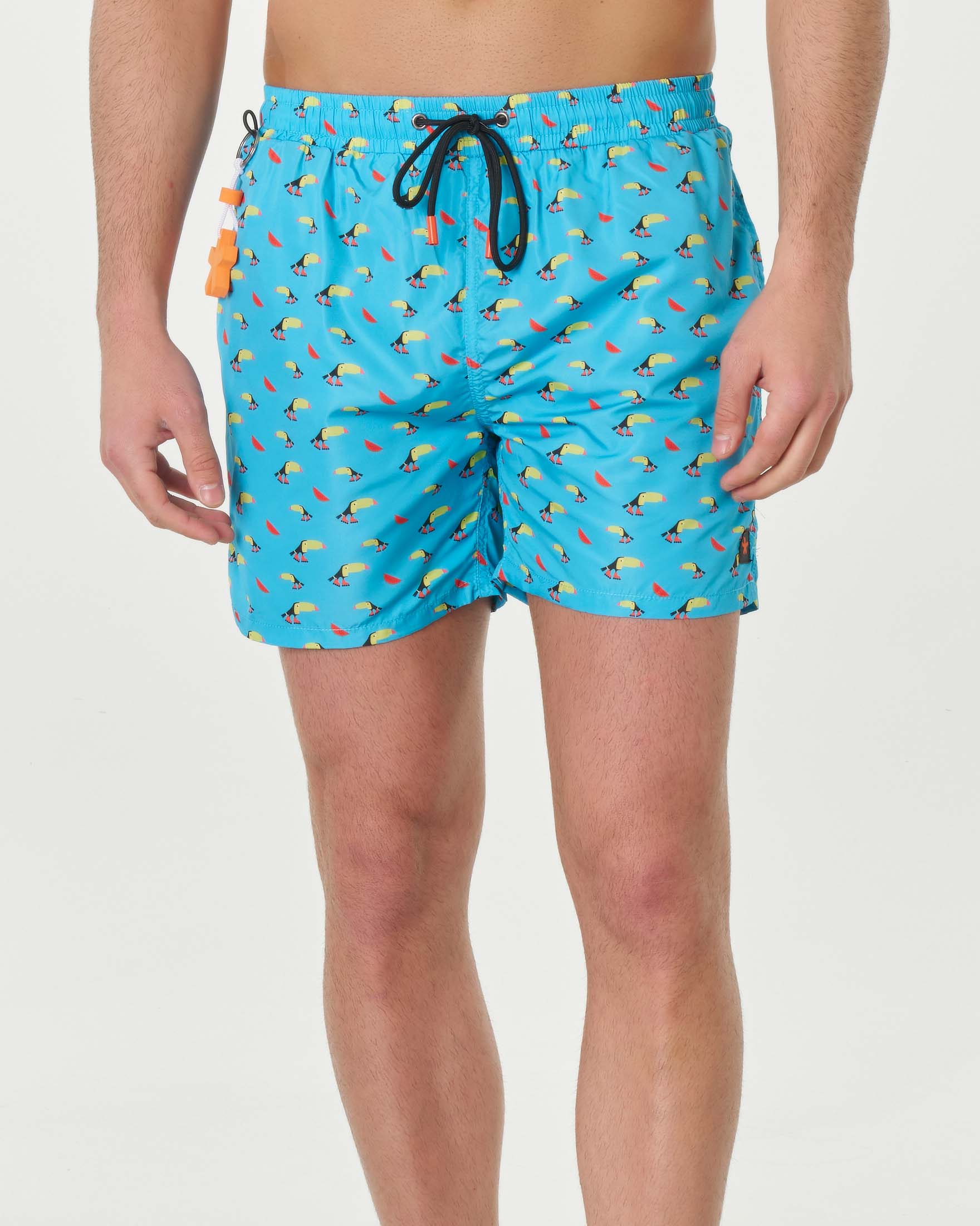 Boxer mare azzurro con stampa grafica tucani