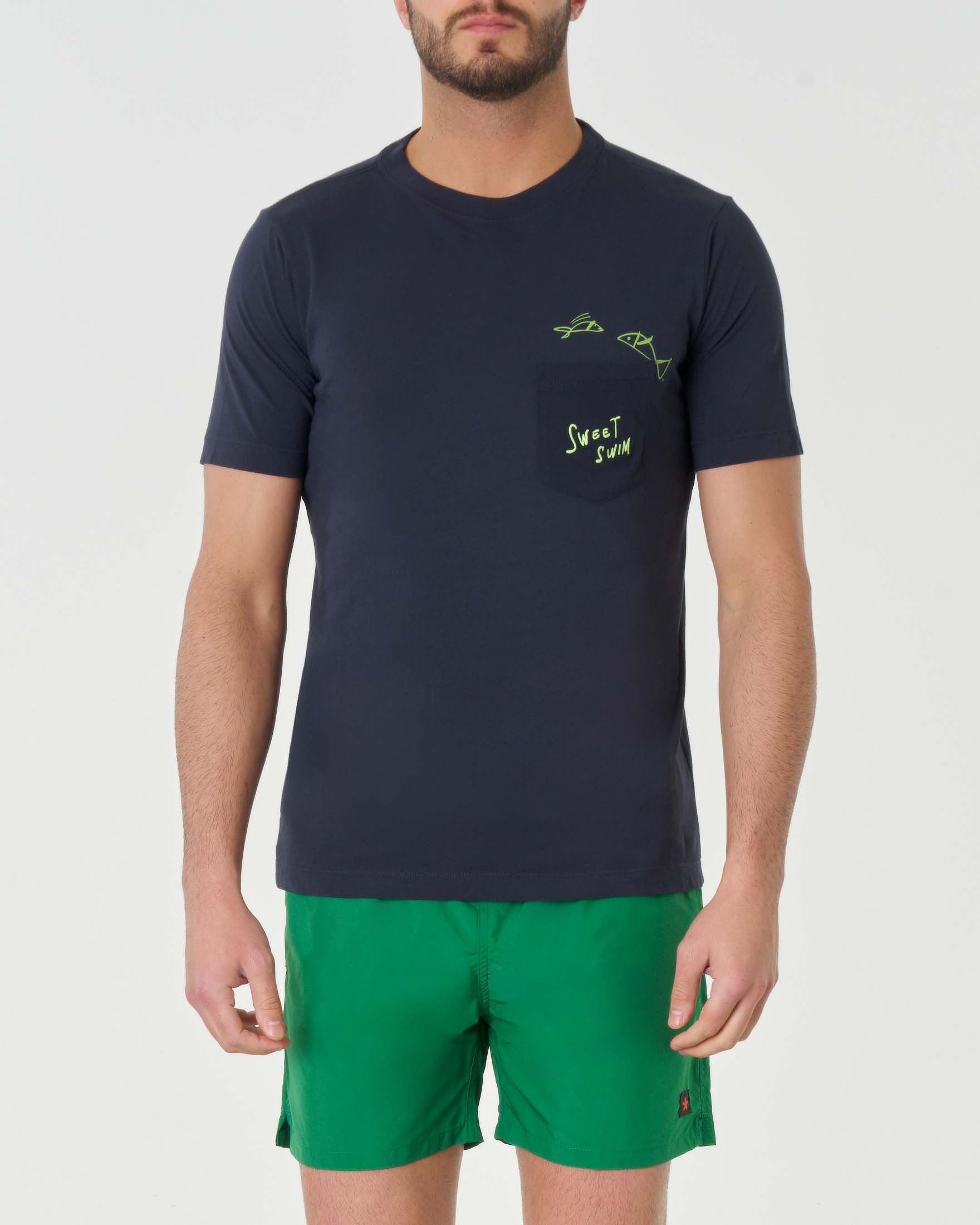 T-shirt blu mezza manica in pima cotton con taschino e ricamo sweet swin