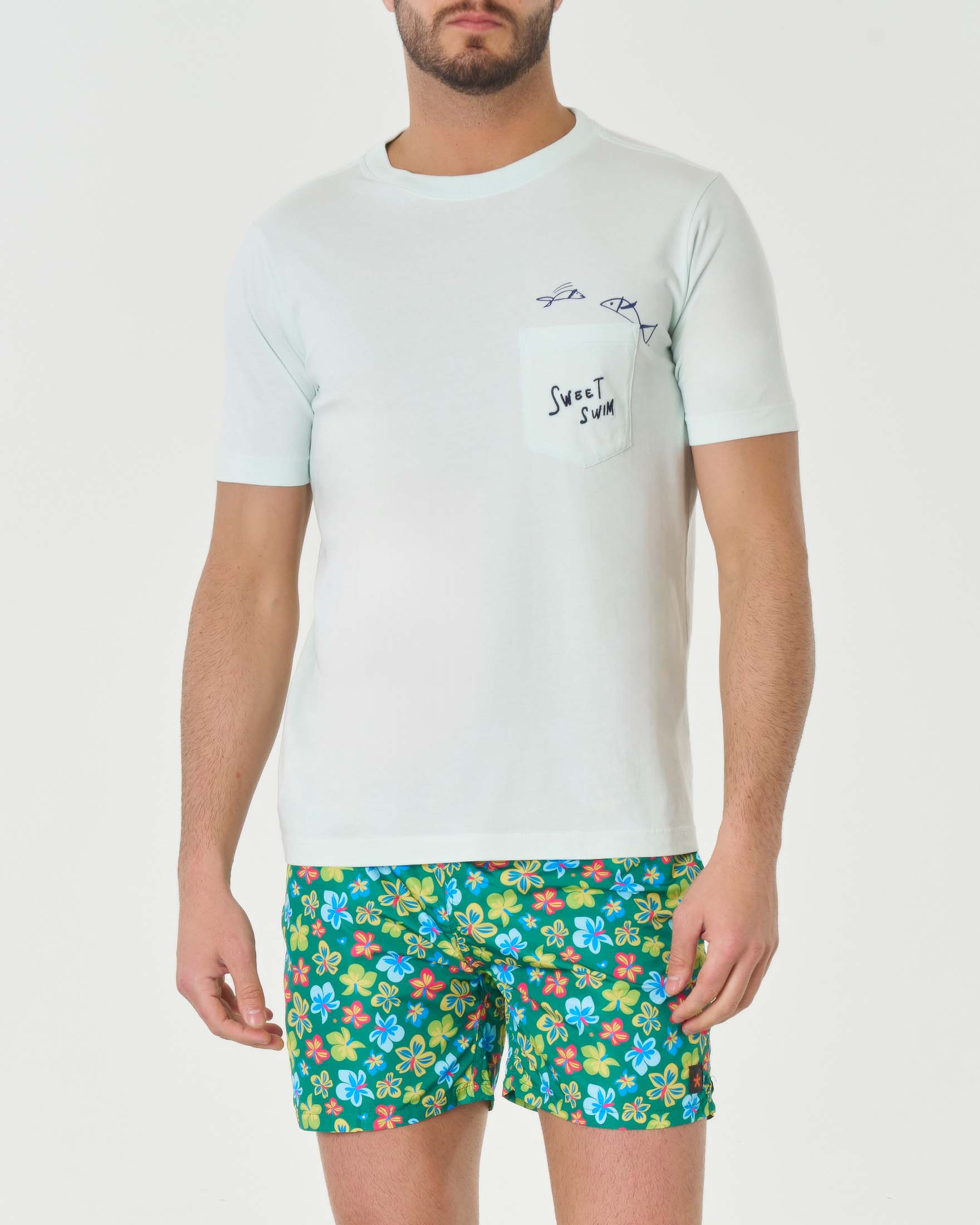 T-shirt azzura mezza manica in pima cotton con taschino e ricamo sweet swin