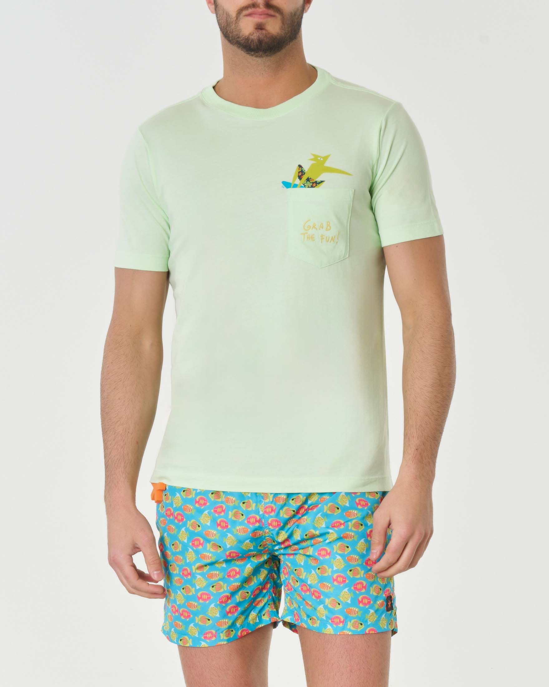 T-shirt lime mezza manica in pima cotton con taschino e ricamo grab the fun