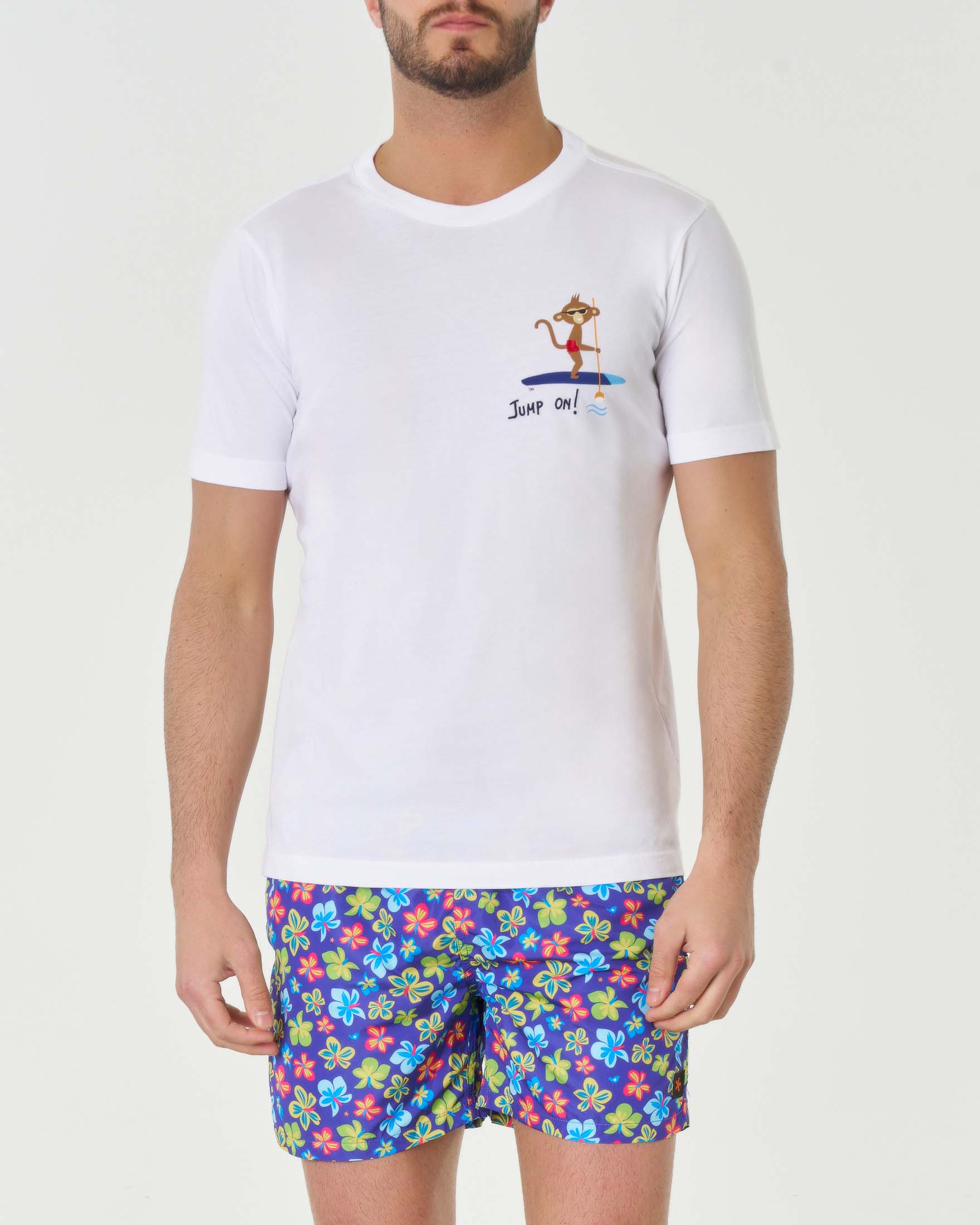 T-shirt bianca mezza manica in pima cotton con ricamo jump on! e stampa scimmietta su surf