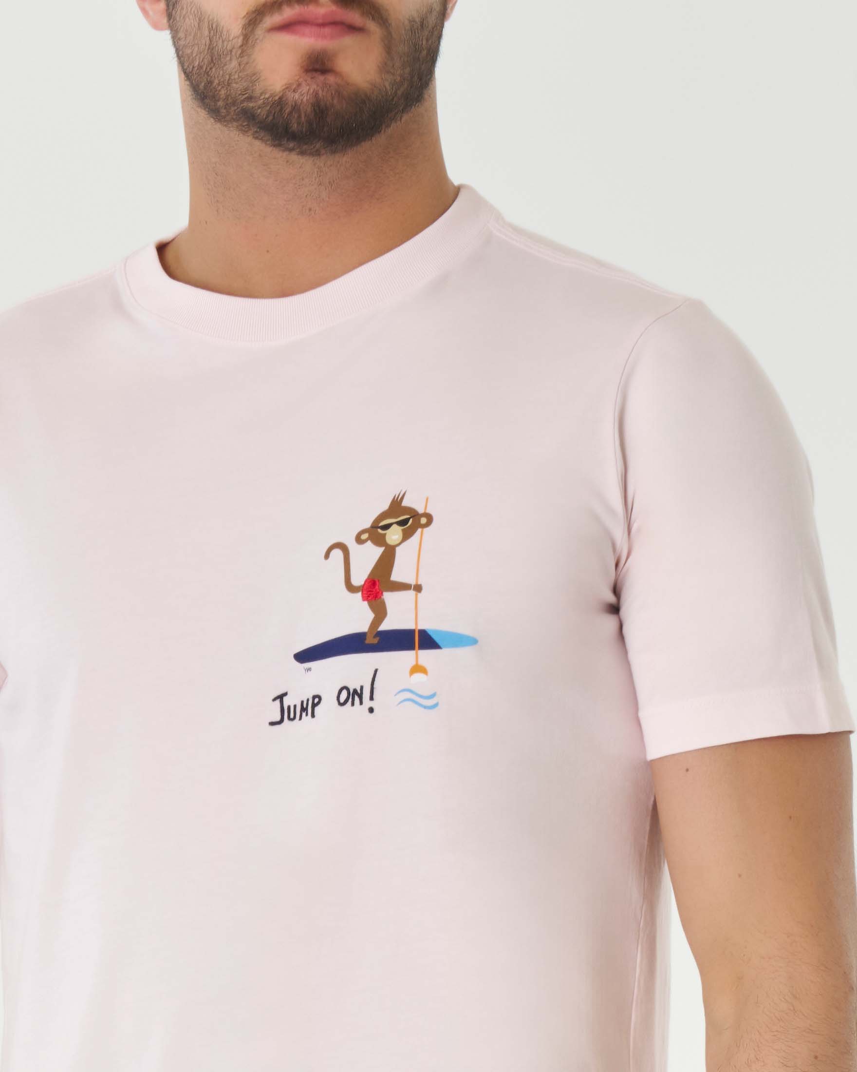 T shirt rosa mezza manica in pima cotton con ricamo jump on e stampa scimmietta su