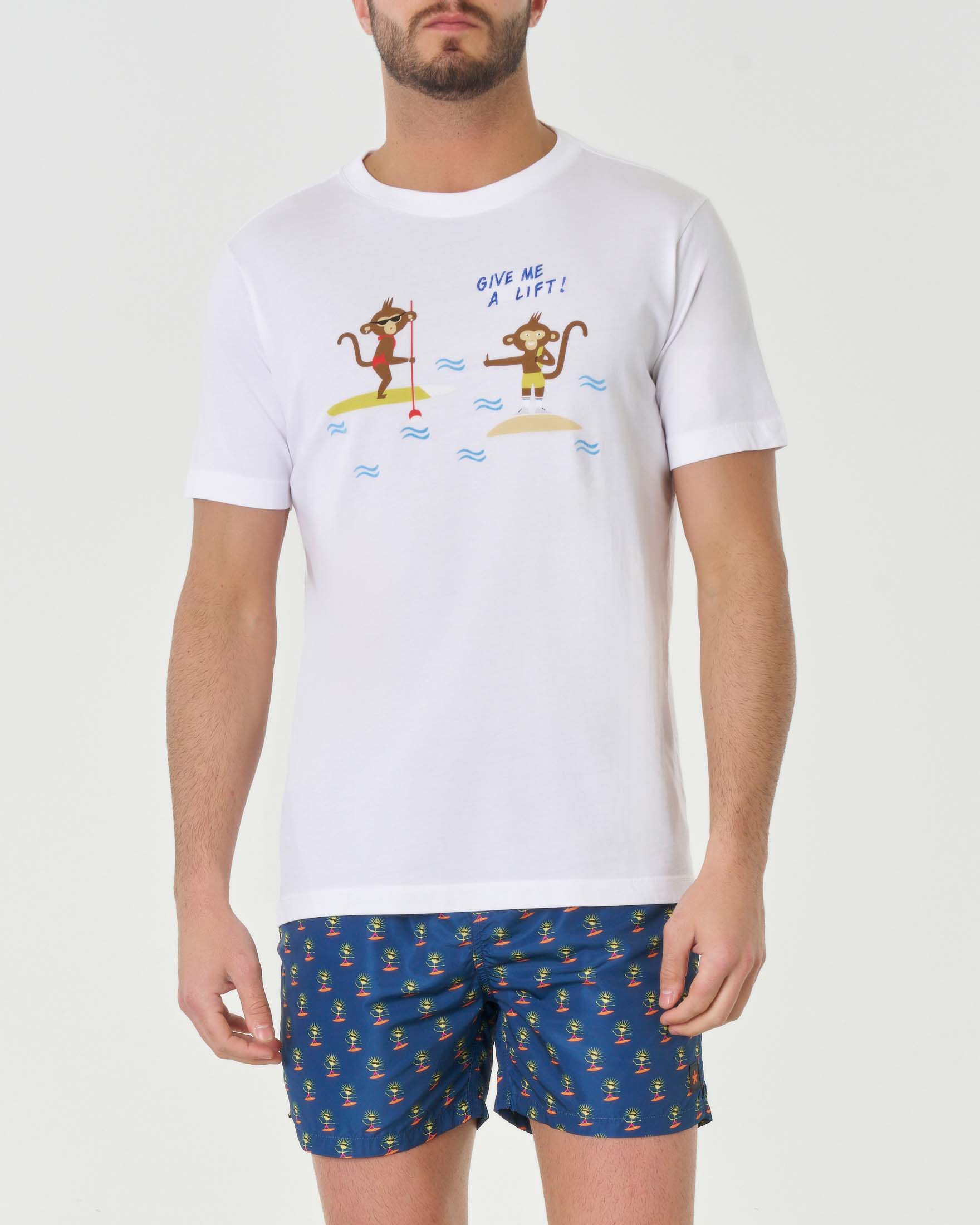 T-shirt bianca mezza manica in pima cotton con ricamo Give me a lift! e stampa scimmiette