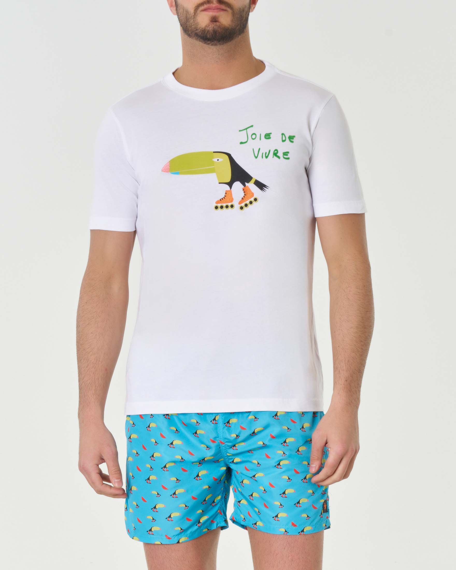 T-shirt bianca mezza manica in pima cotton con ricamo Joie de vivre e stampa tucano