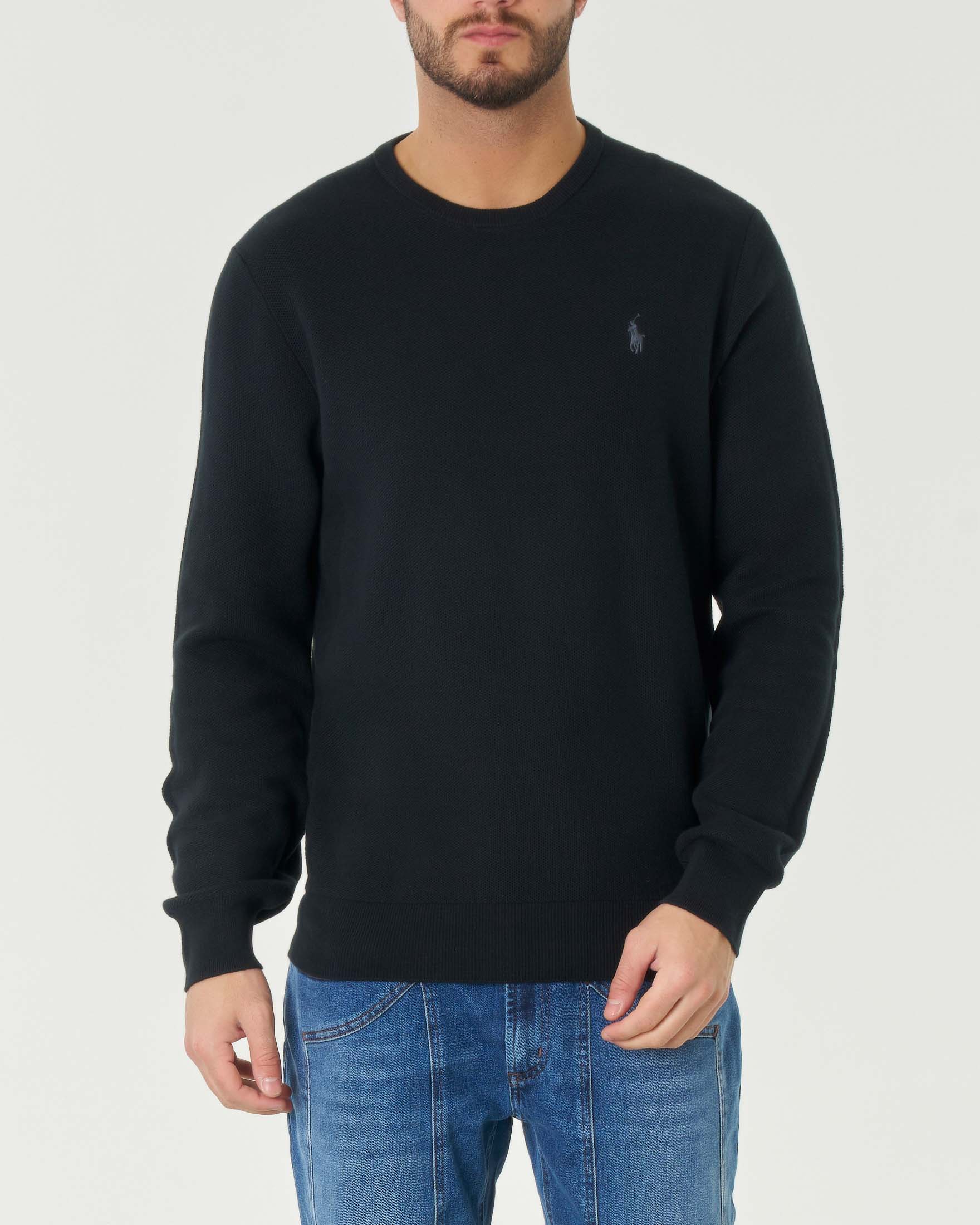Maglia nera girocollo in puro cotone a nido d'ape