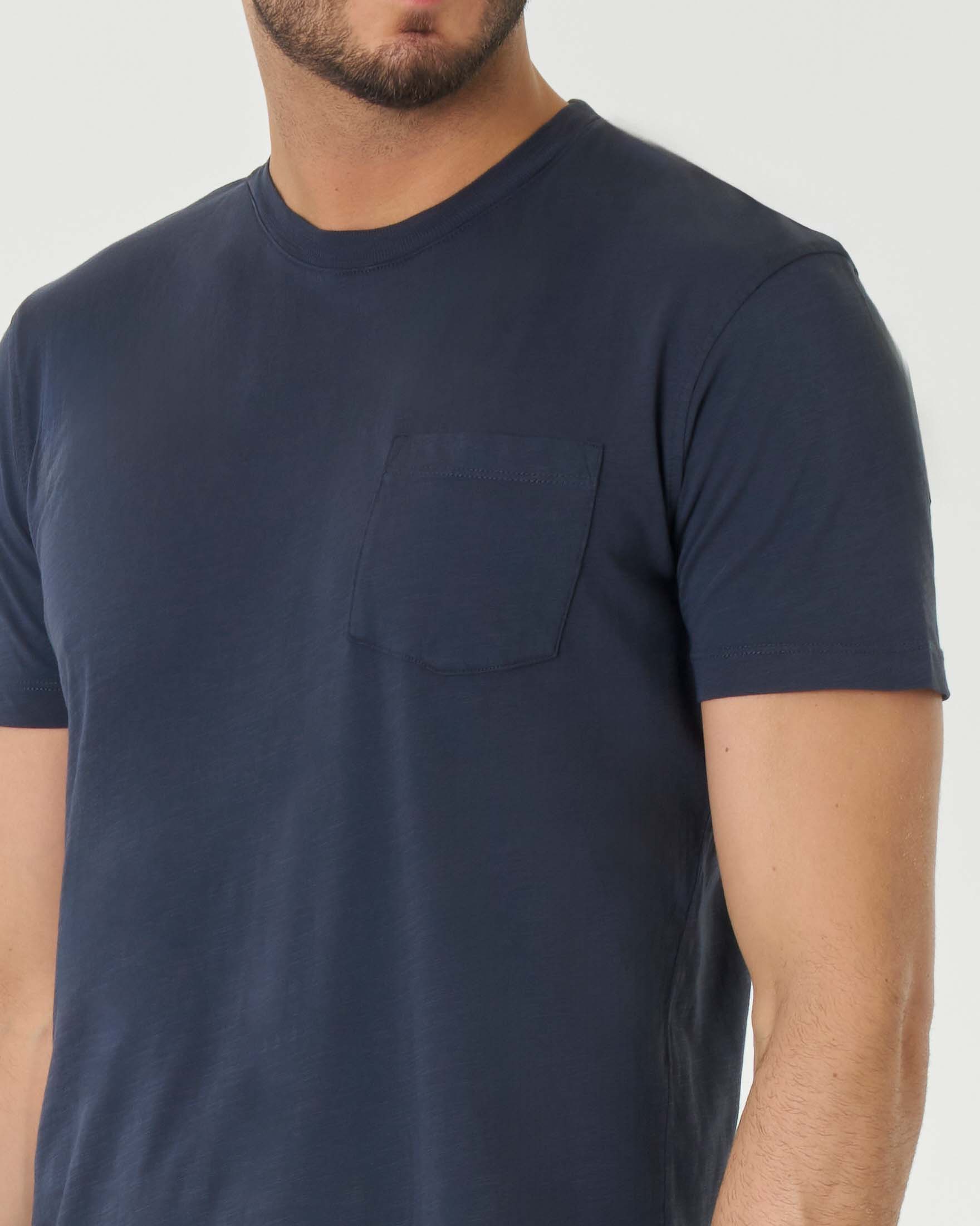 T-shirt blu mezza manica in cotone fiammato con taschino al petto image