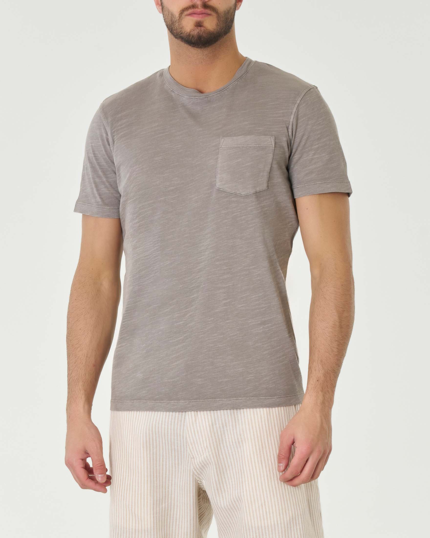 T-shirt grigia mezza manica in cotone fiammato con taschino al petto