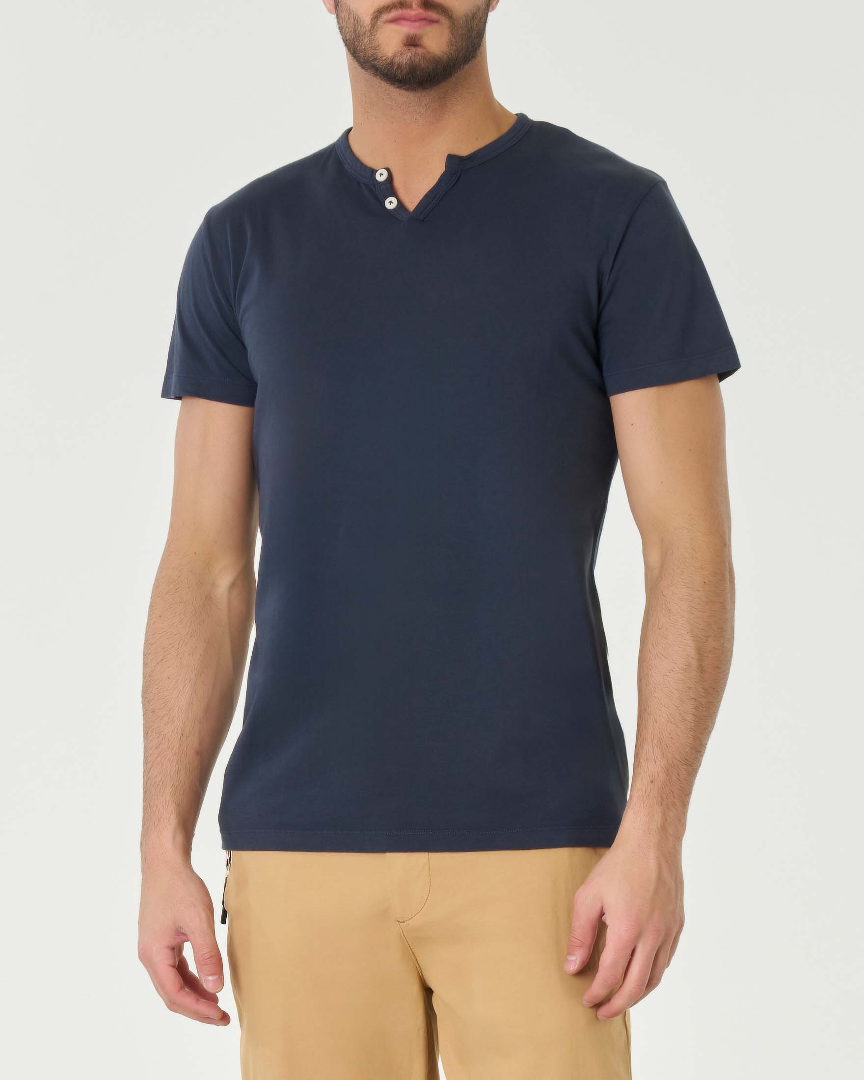 T-shirt serafino blu mezza manica in cotone fiammato