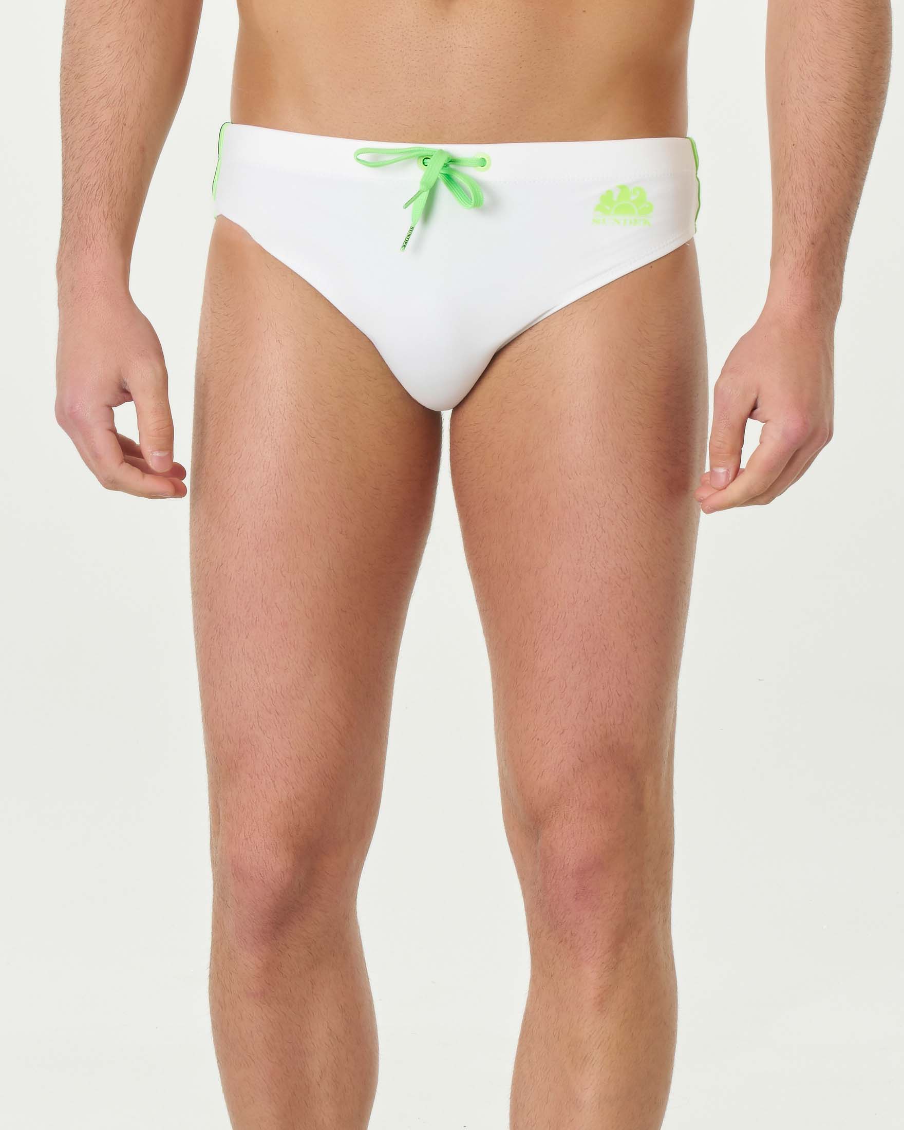 Costume slip bianco in tessuto tecnico stretch con logo sole lime