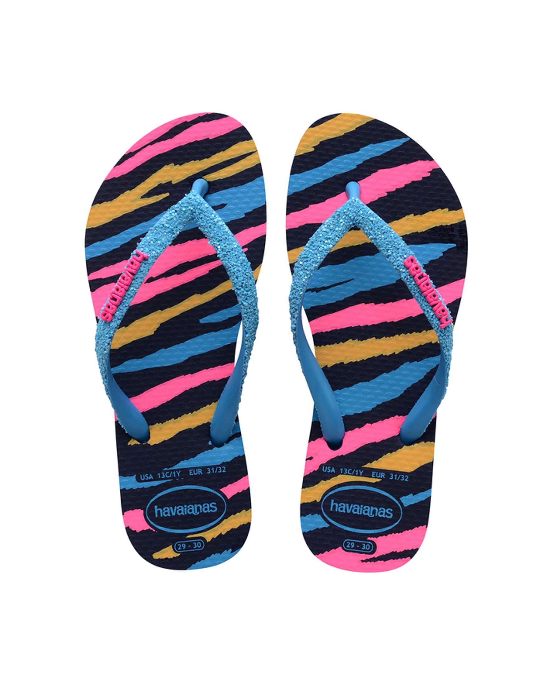 Havaianas Kids Slim Glitter con stampa zebrata multicolor e fascetta azzurra glitterata 