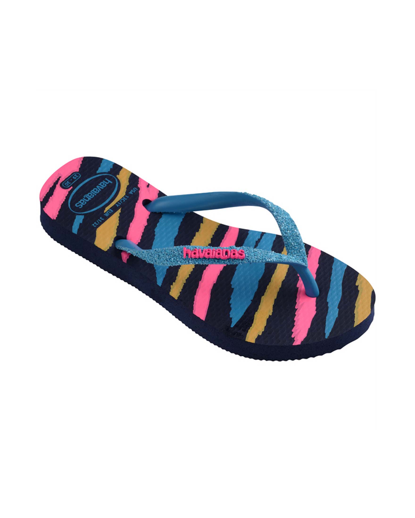 Havaianas Kids Slim Glitter con stampa zebrata multicolor e fascetta azzurra glitterata 