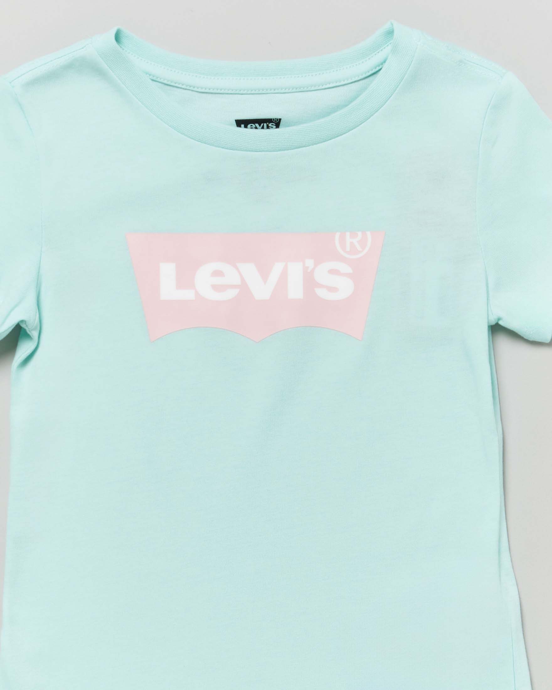 T-shirt verde acqua a maniche corte con logo batwing rosa 