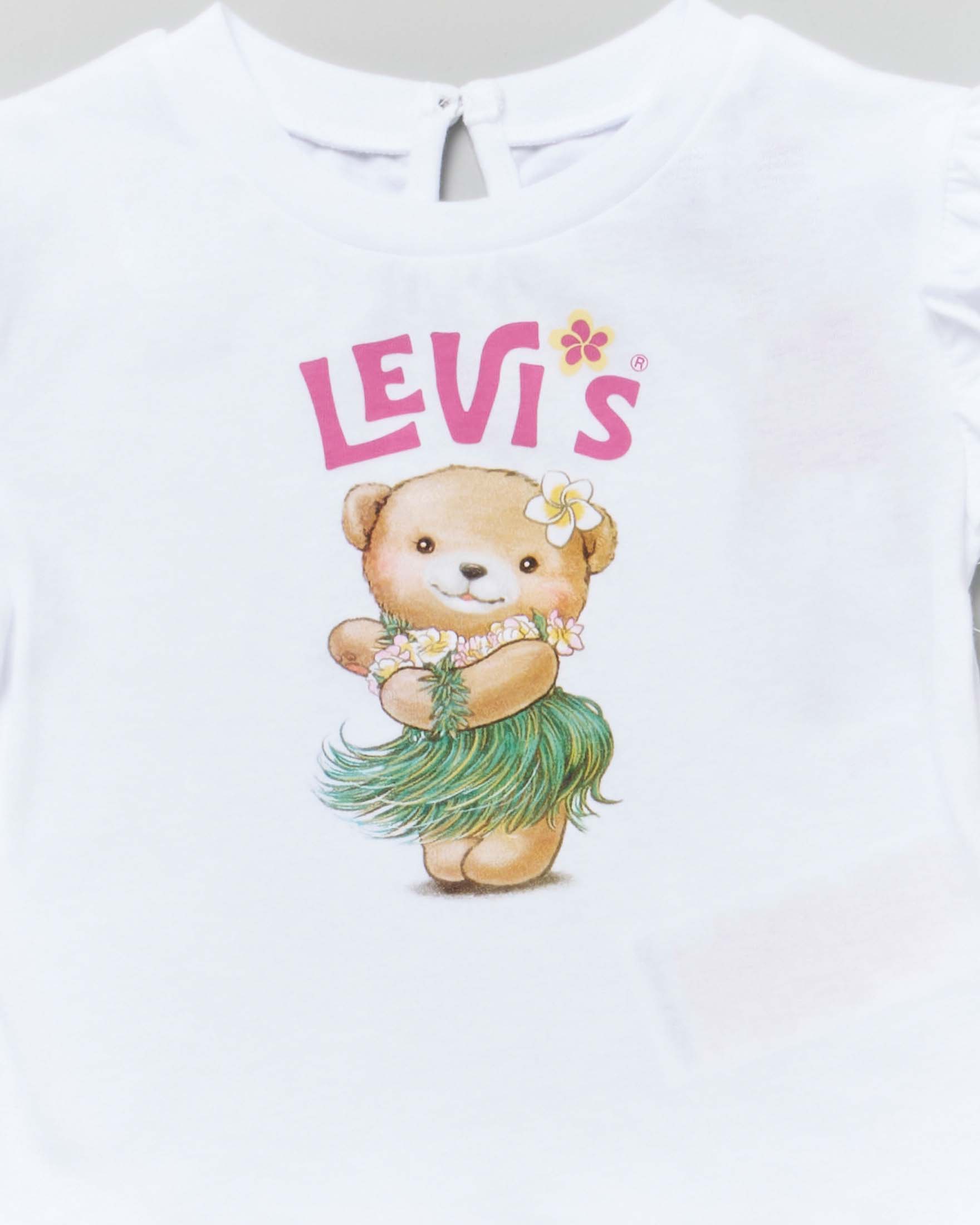 T-shirt bianca in cotone a maniche corte con stampa orsetta Hawaiana 