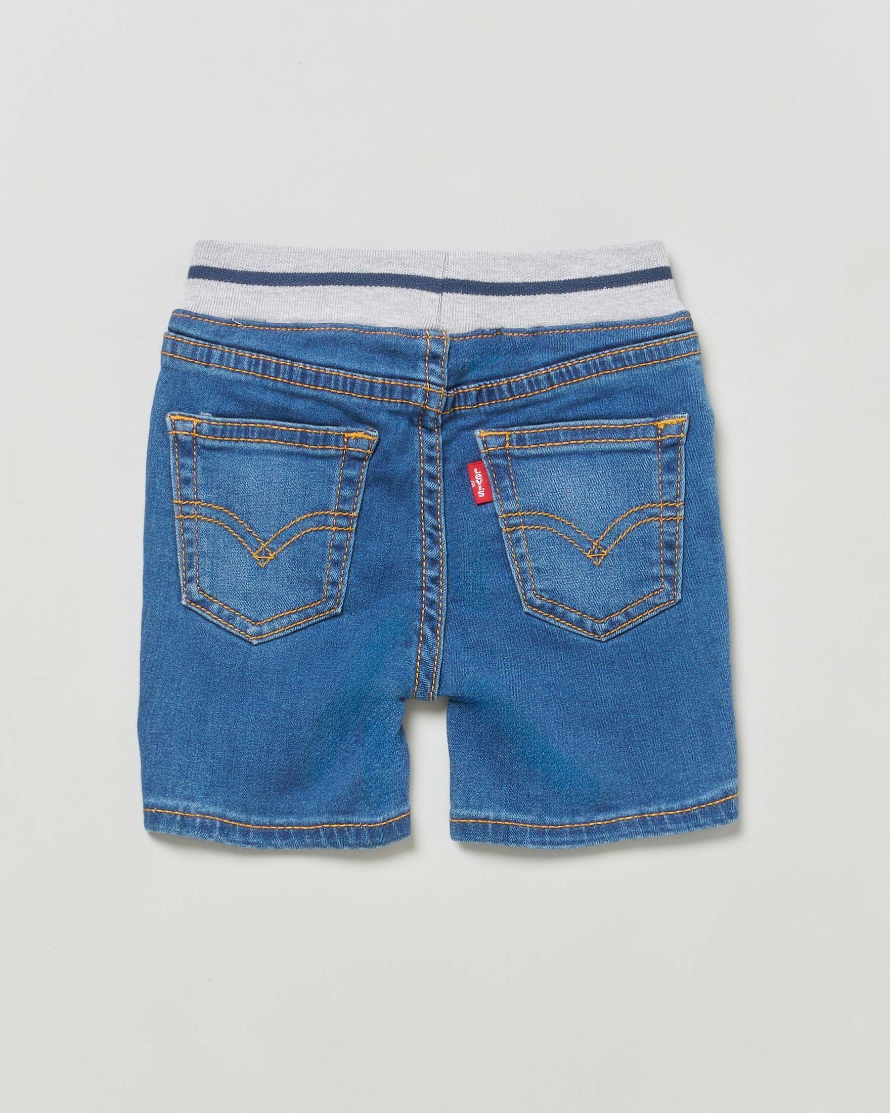Bermuda in denim di cotone stretch a lavaggio medio con fascia elastica grigia logata 