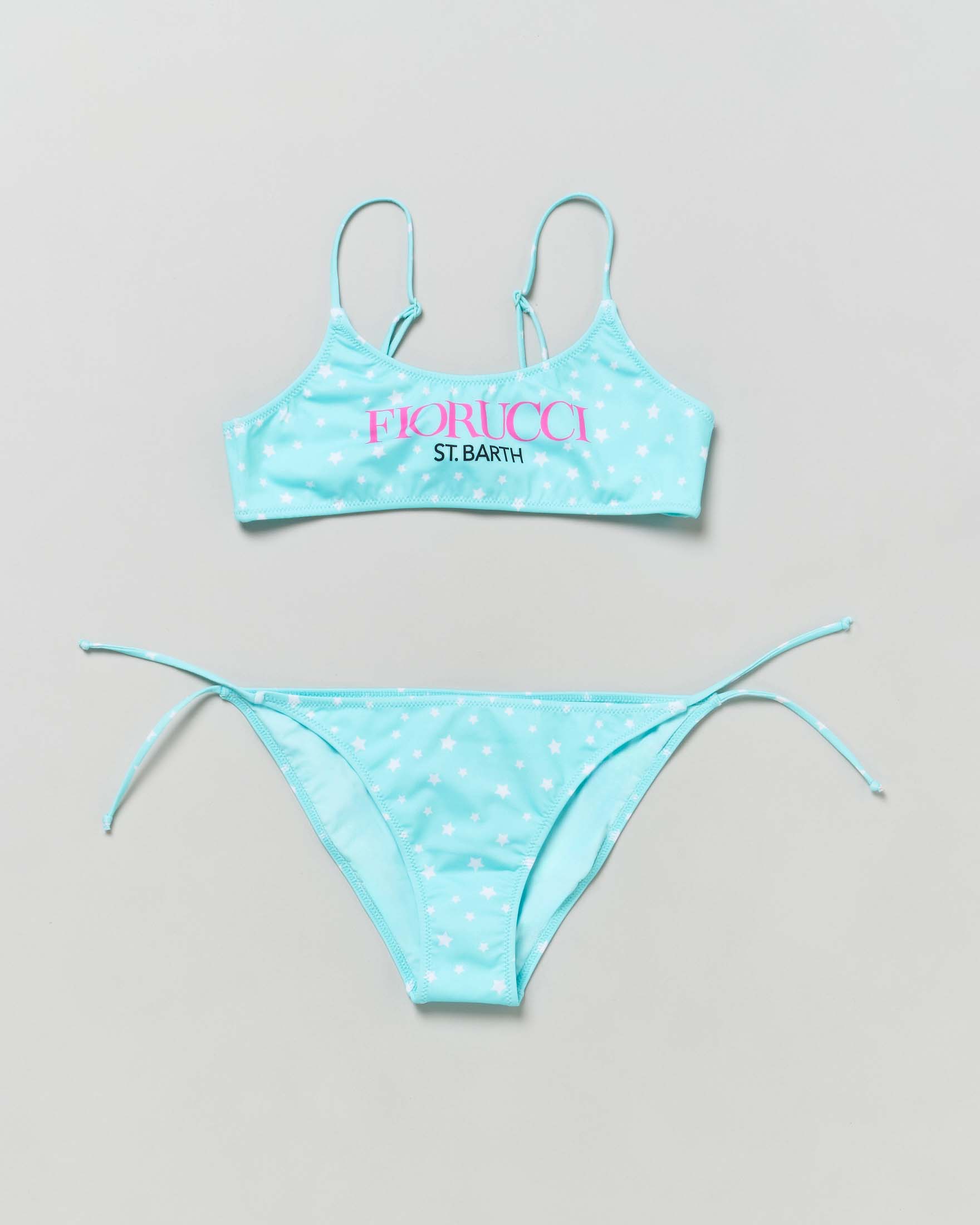 Bikini Jaiden a bralette azzurro con stampa Fiorucci e stelline bianche all-over