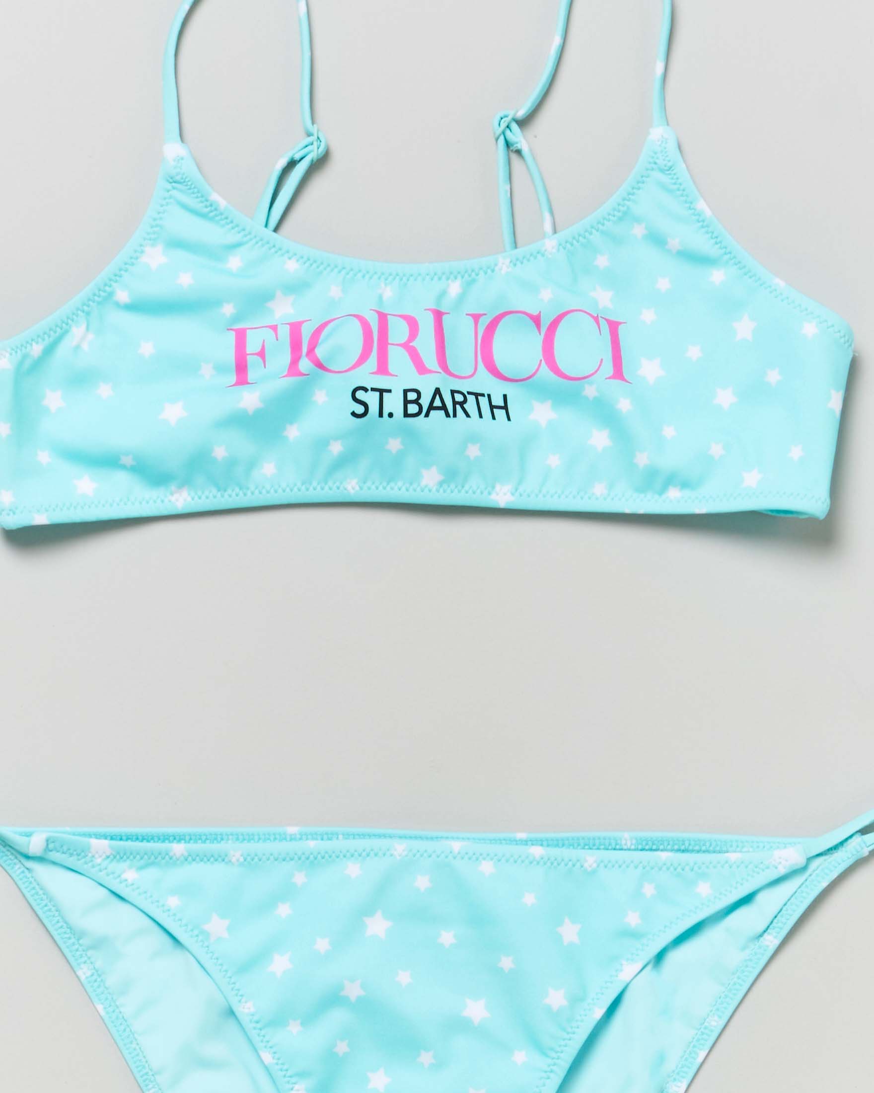 Bikini Jaiden a bralette azzurro con stampa Fiorucci e stelline bianche all-over  image