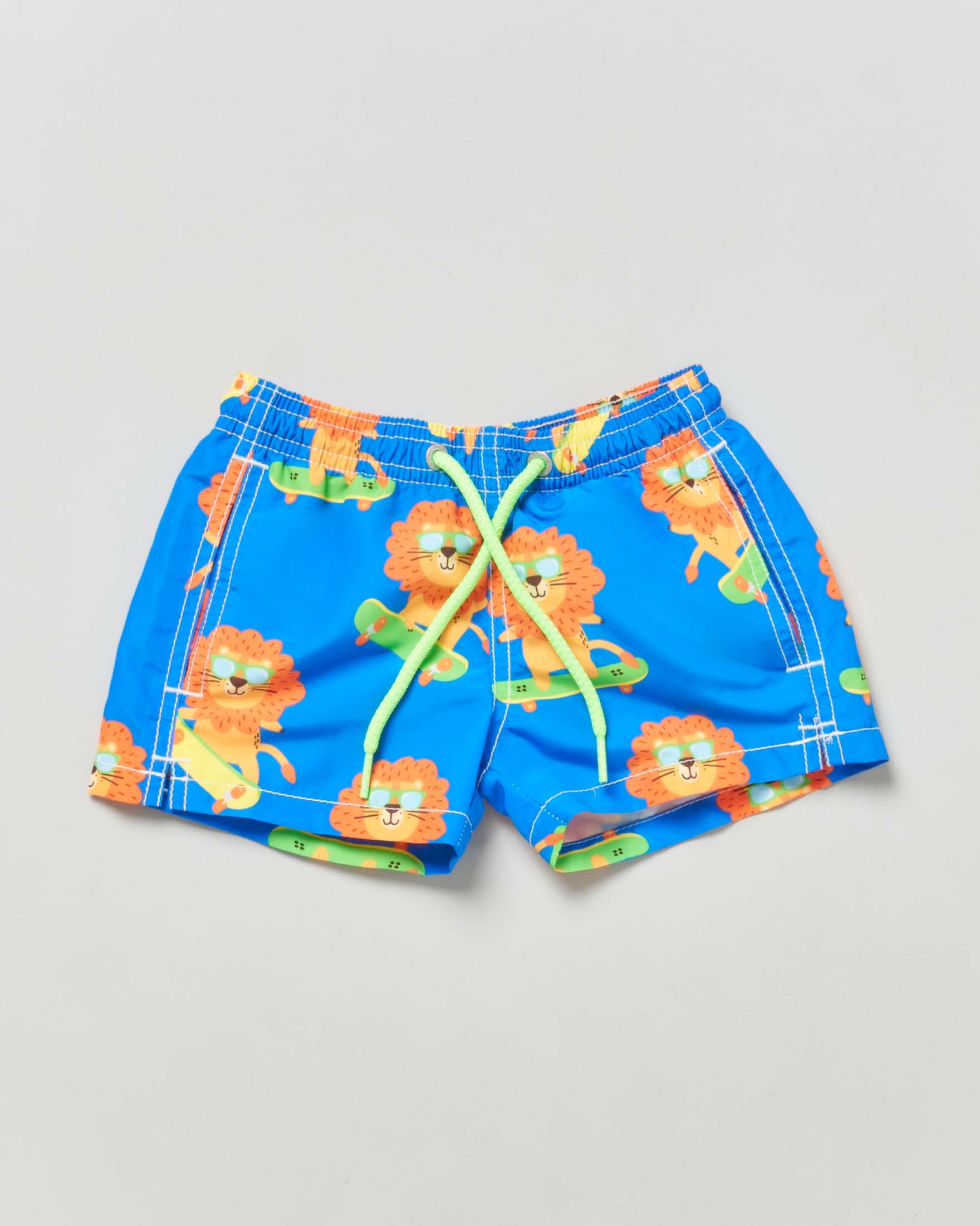 Boxer da mare blu royal con stampa leoncino skater e coulisse