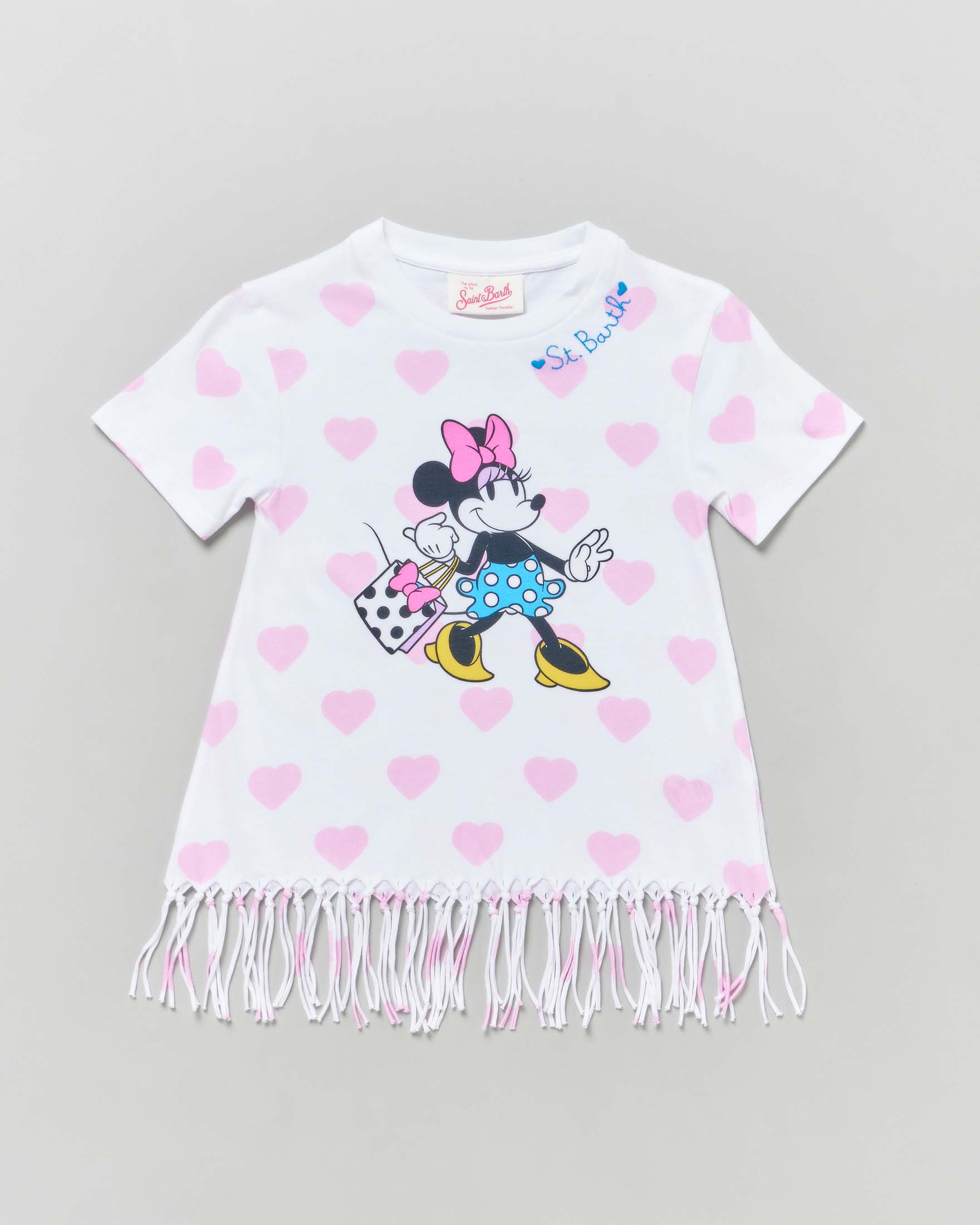 Abito copricostume bianco in cotone a maniche corte con frange e stampa Minnie con cuori rosa all-over