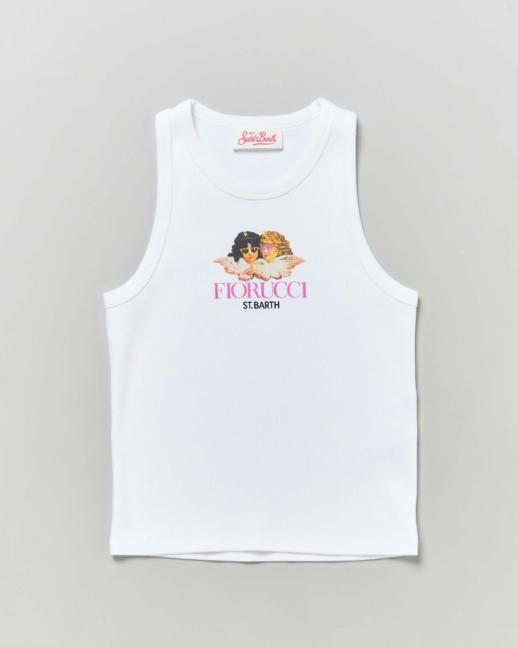 Canotta bianca a costine con stampa Fiorucci