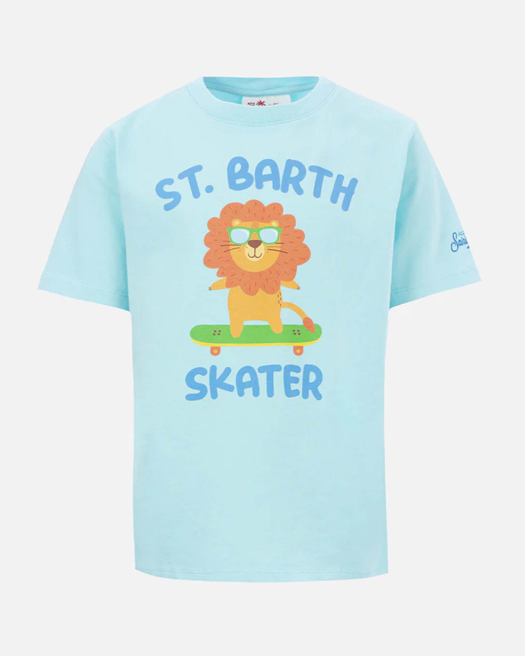 T-shirt azzurra in cotone a maniche corte con stampa leone skater