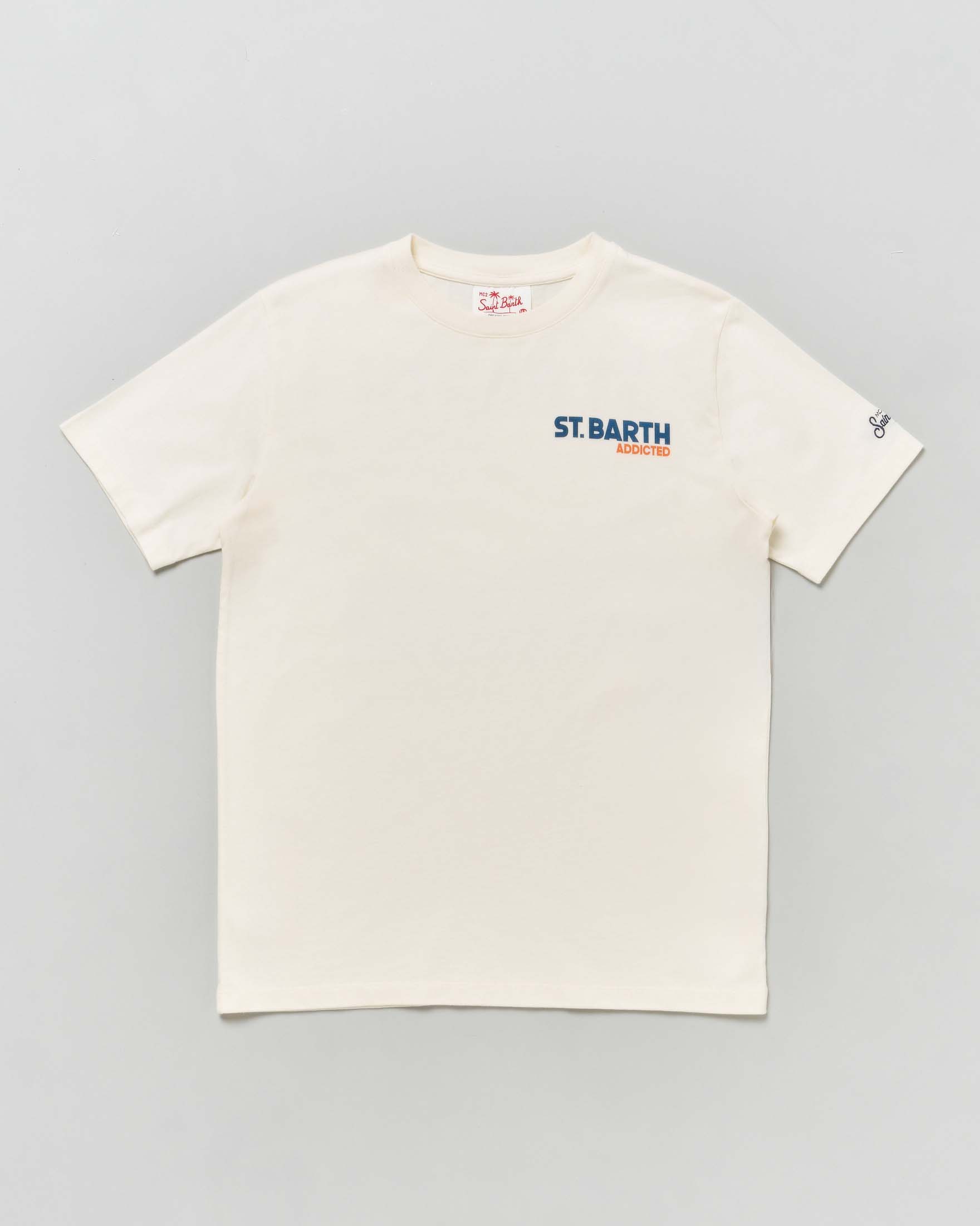 T-shirt panna in cotone a maniche corte con stampa St. Barth Addicted