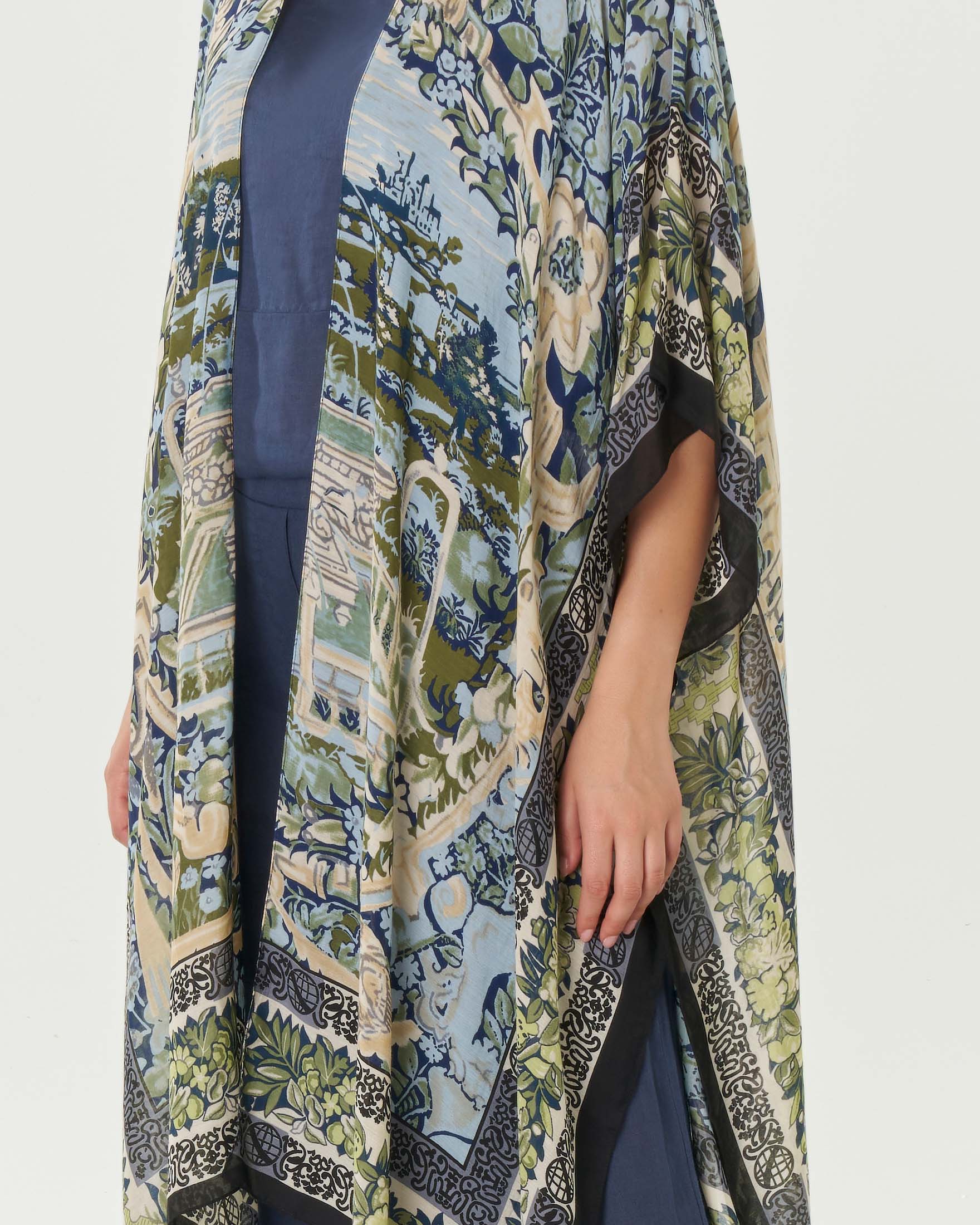 Kimono lungo blu a fantasia barocca azzurra beige e verde in misto cupro e modal image