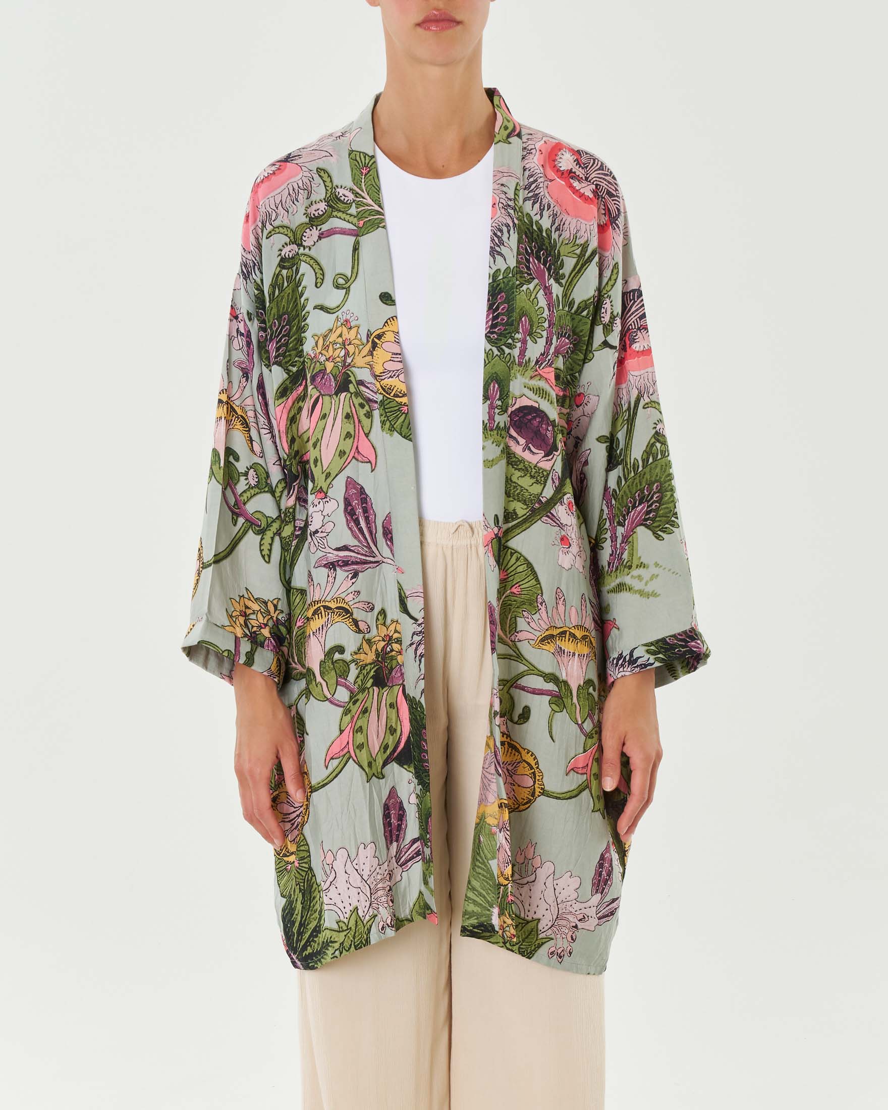 Kimono lungo grigio a fantasia floreale rosa e verde in misto viscosa e modal