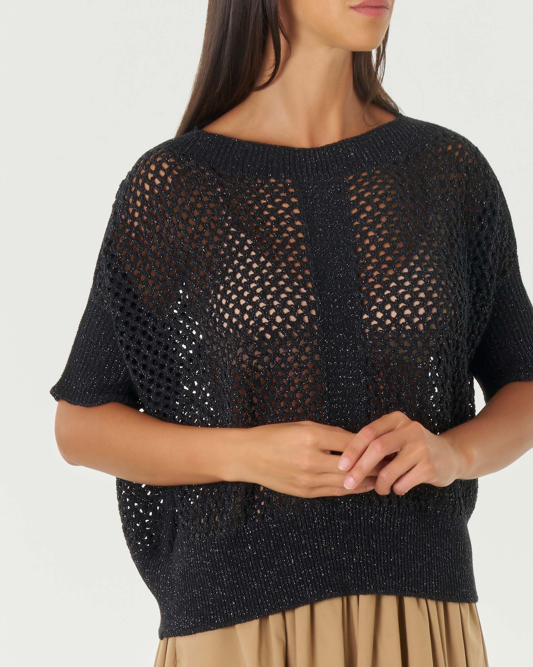 GORGLITTER Maglietta da donna elegante con pizzo a contrasto, maglietta estiva a maniche corte, maglia a coste, slim casual, in pizzo, Nero , XL