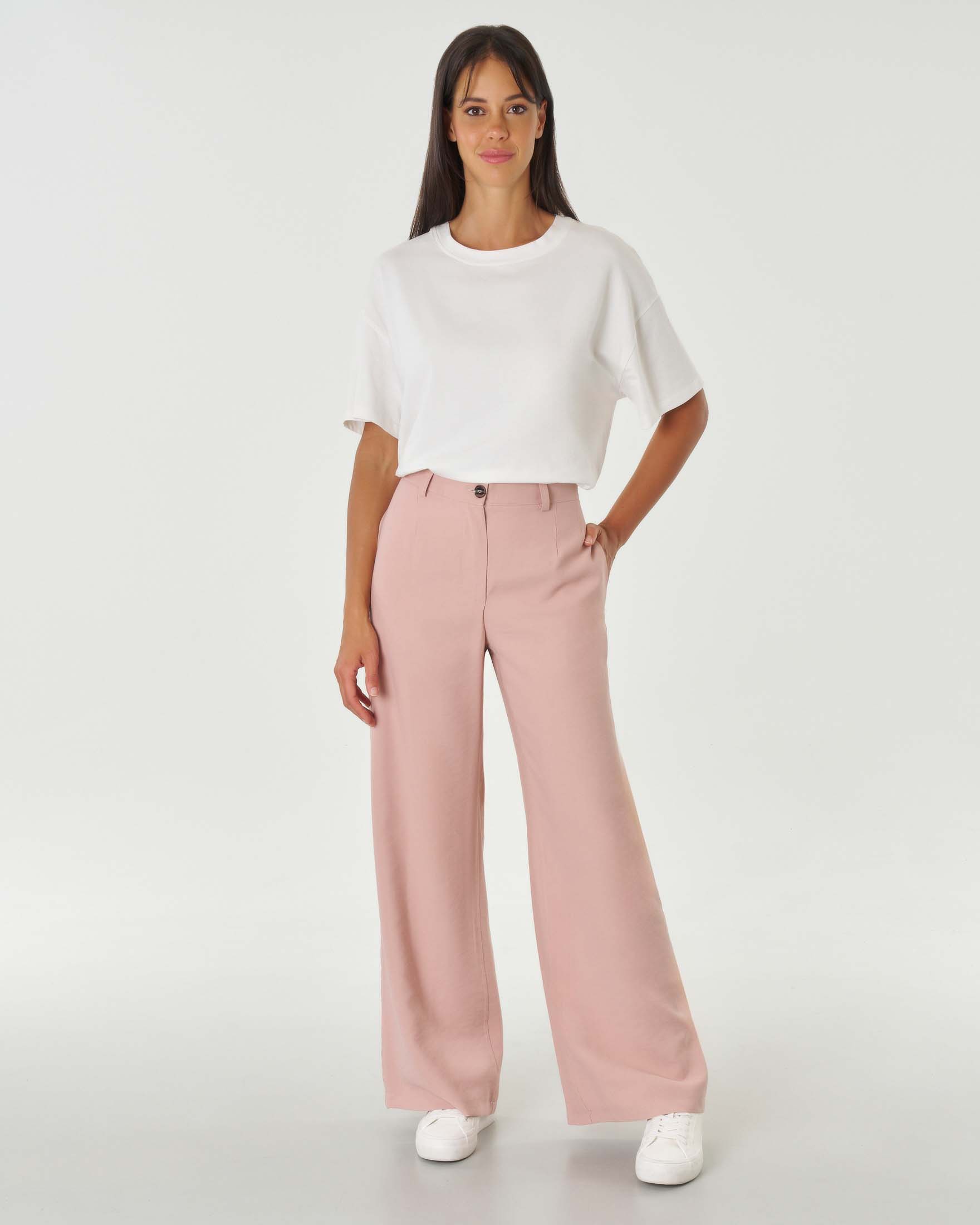 Pantaloni wide leg rosa antico in viscosa a vita media con tasche in cucitura
