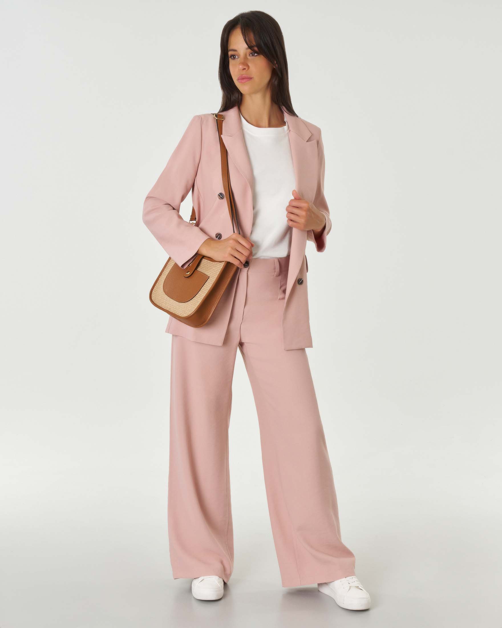 Pantaloni wide leg rosa antico in viscosa a vita media con tasche in cucitura image