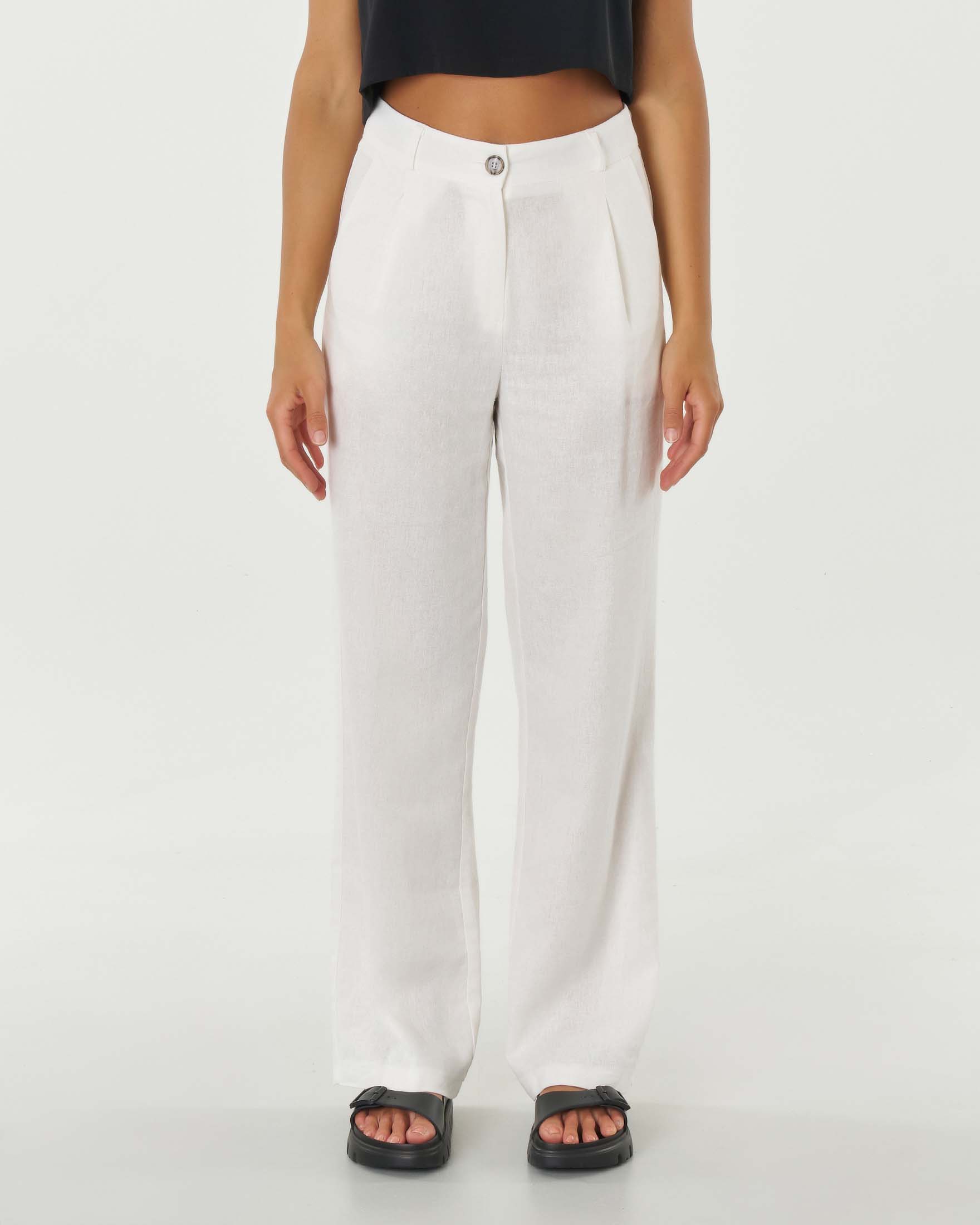 Pantaloni bianchi a vita media in lino e viscosa dalla linea ampia e dritta con pinces frontali image