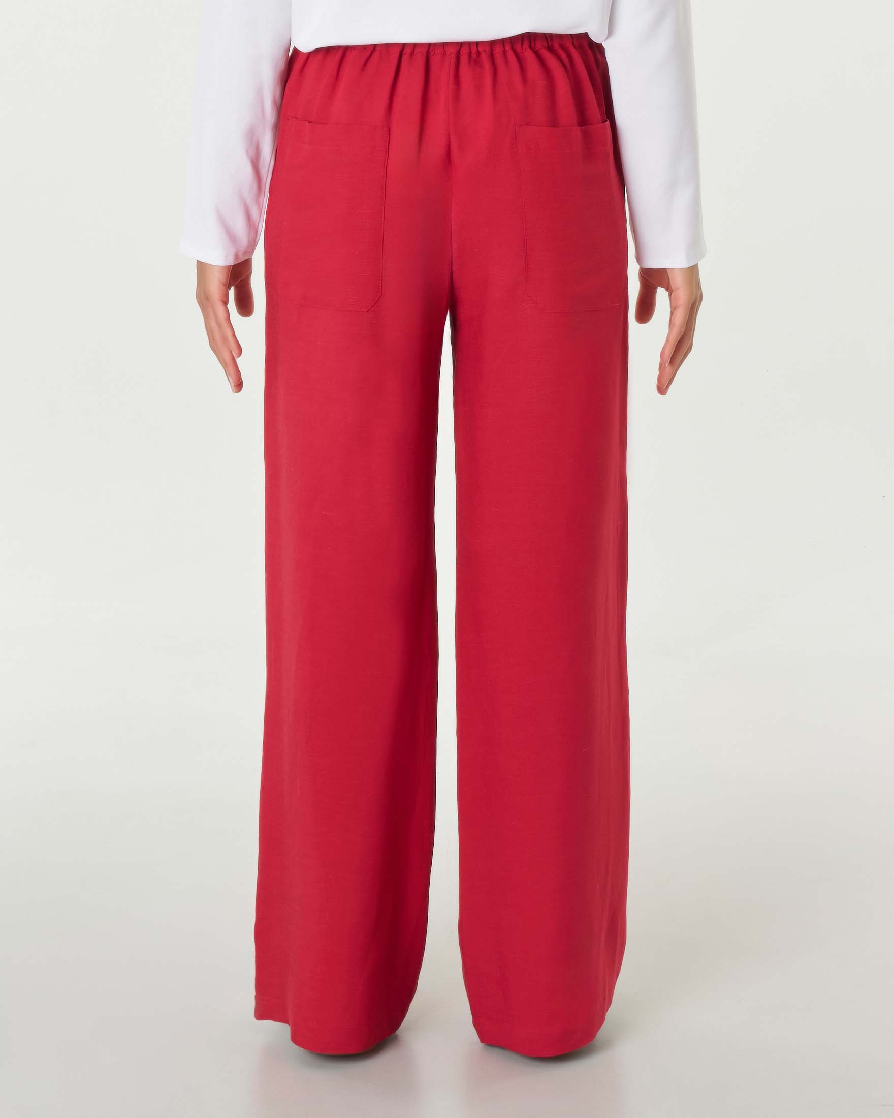 Pantaloni rossi dalla linea ampia dritta a vita media in viscosa e lino con elastico in