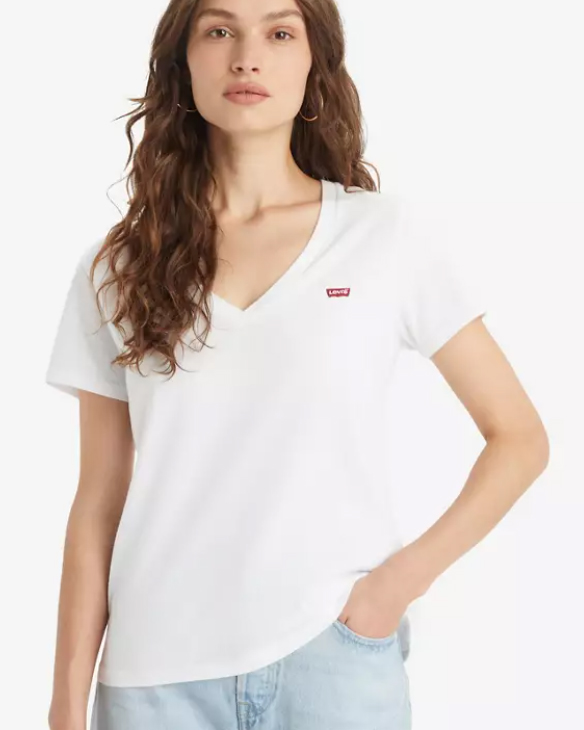 T-shirt scollo a V Levi's bianca in puro cotone con micro-logo batwig rosso ricamato sul petto