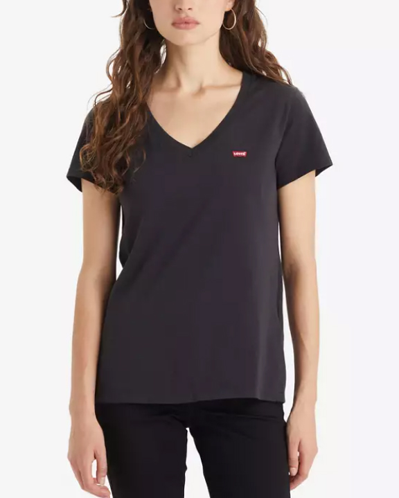 T-shirt scollo a V Levi's nera in puro cotone con micro-logo batwig rosso ricamato sul petto