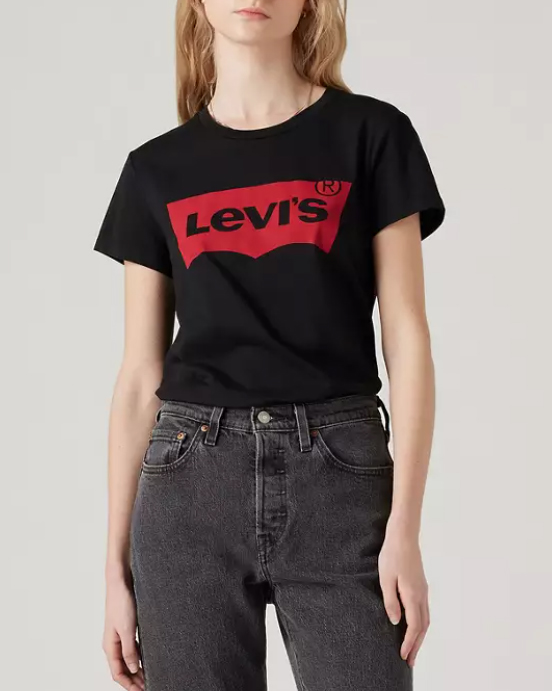 T-shirt girocollo nero in puro cotone con maxi-logo batwig rosso stampato sul petto