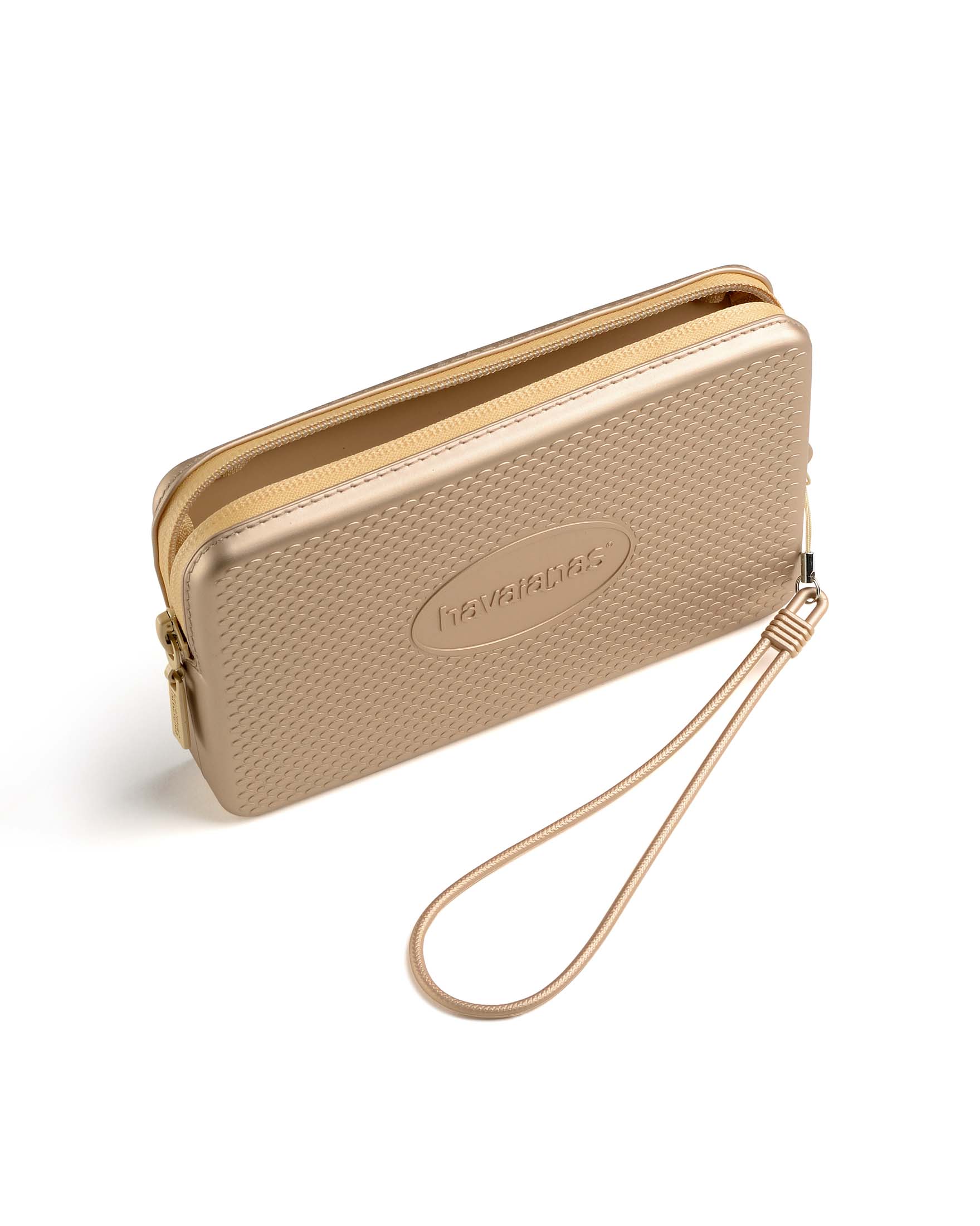 Mini Bag Plus Havaianas color champagne metallizzata a lavorazione grana di riso e maxi logo impresso tono su tono