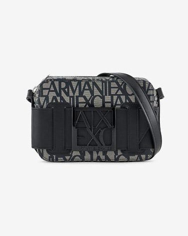 Cross bag nera a motivo logo beige in similpelle con maxi fibbia logo in metallo a specchio tono su tono