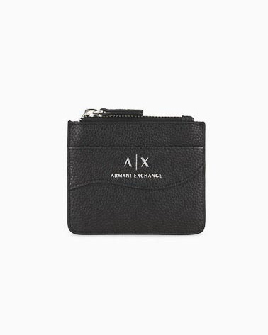 Portacarte nero Exchange in similpelle martellata con scritta logo e chiusura a zip