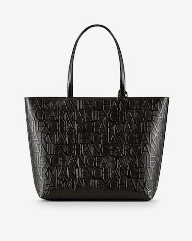 Shopping bag nera in ecopelle effetto vernice con scritte logo all over