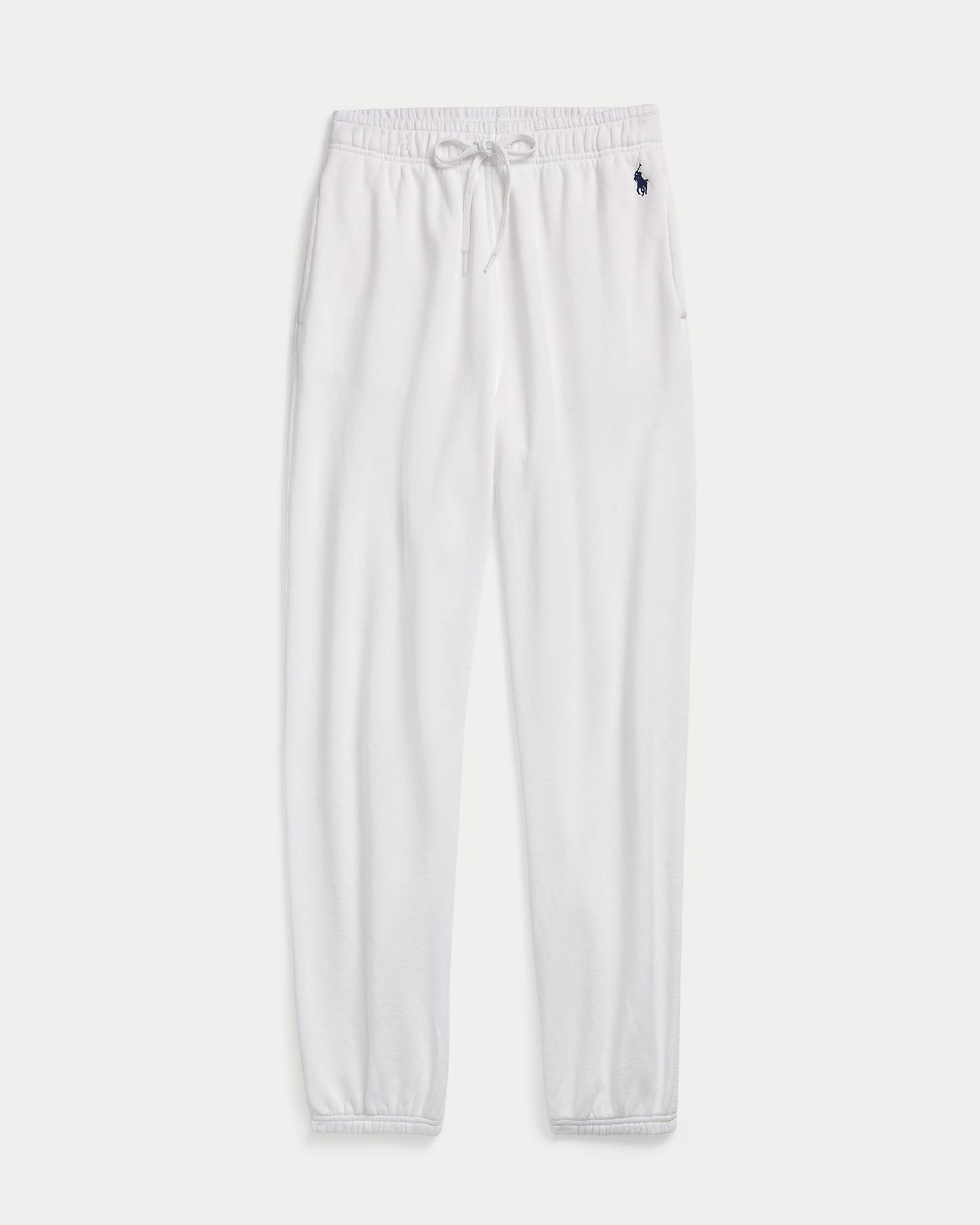 Pantaloni bianchi Polo in felpa di cotone garzato con elastico al fondo e logo blu ricamato