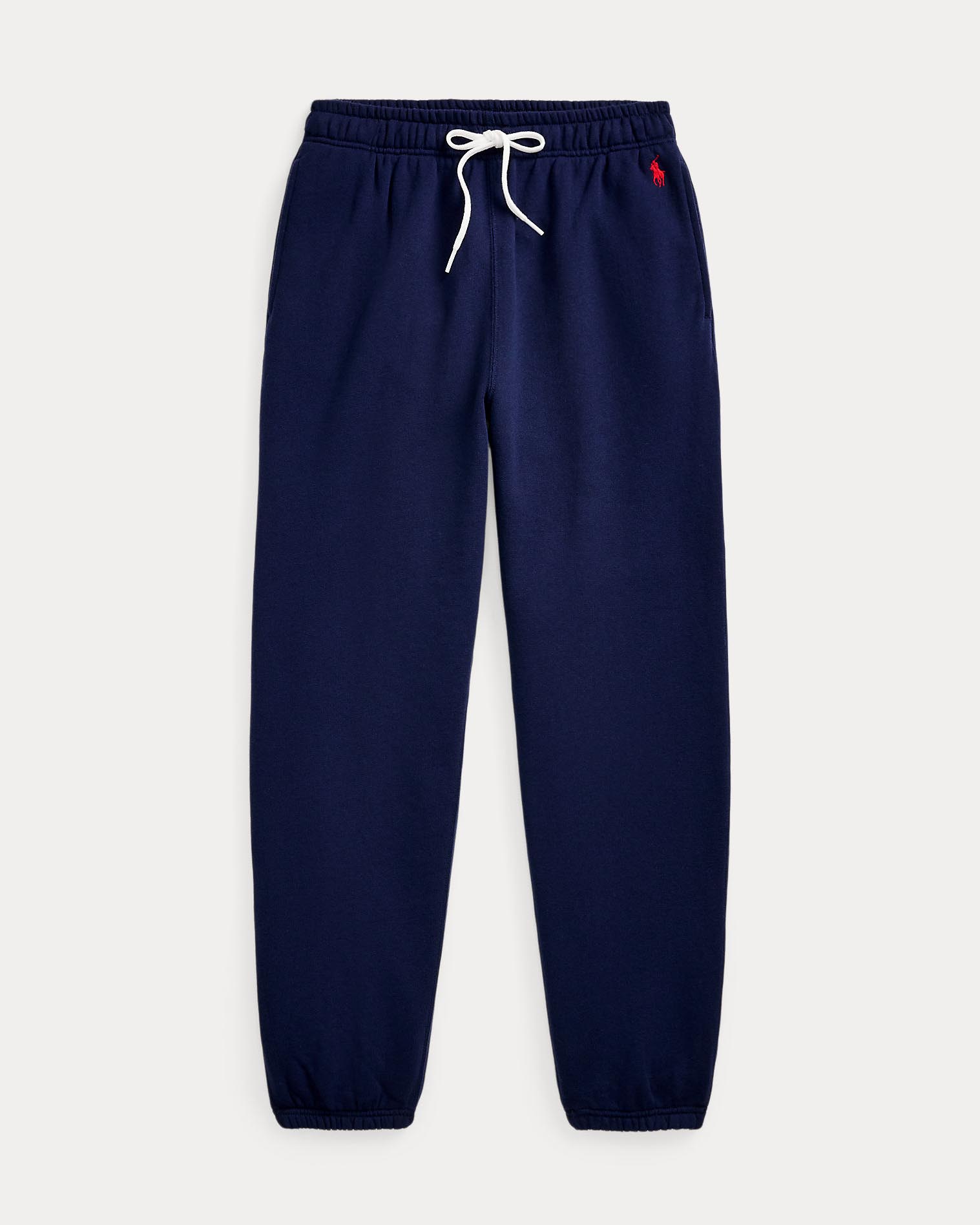 Pantaloni blu in felpa di cotone garzato con elastico al fondo e logo rosso ricamato