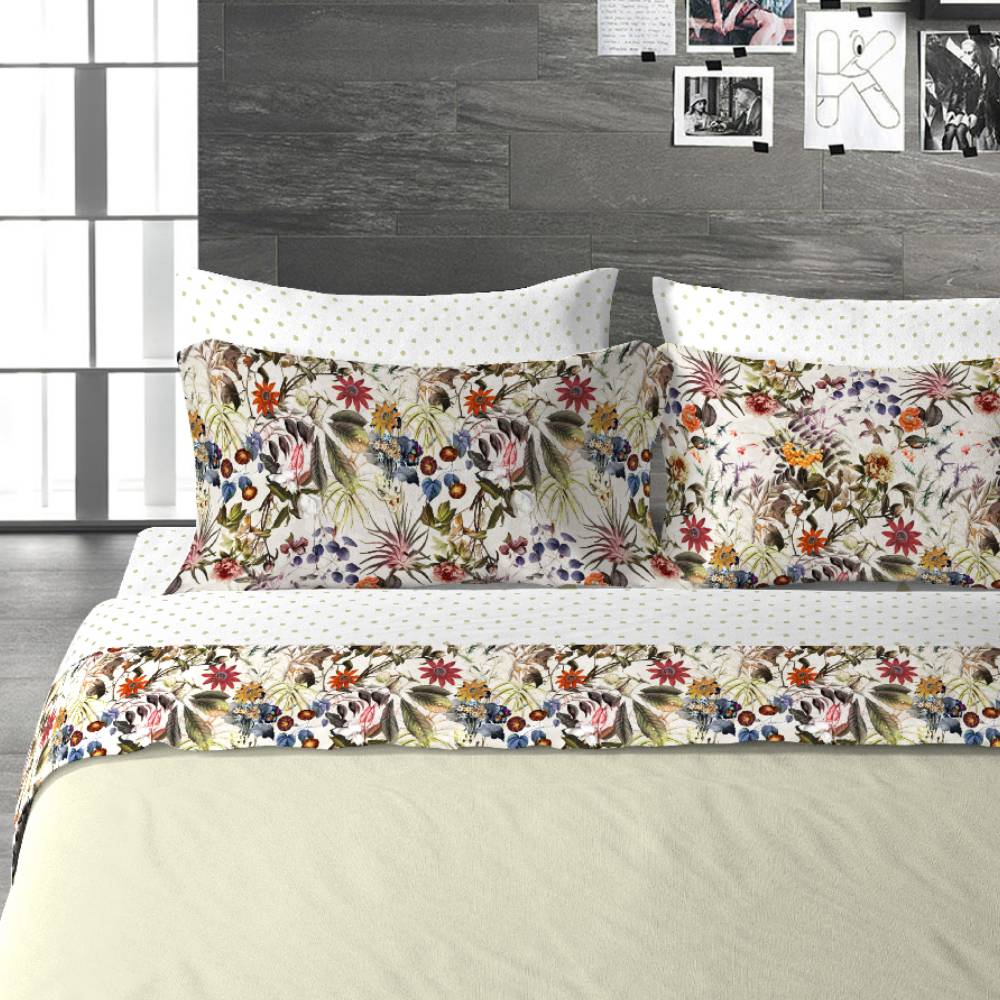 Lenzuola King Size ECOCOTT 4 Pezzi - Motivo Floreale Botanico - 100% Cotone Lavato, Extra Morbide, Traspiranti - Con Angoli Profondi Fino A 43,2 Cm