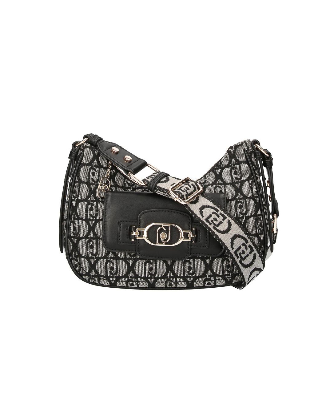 Borsa a mezzaluna grigia in tessuto a motivo monogram nero con patta in similpelle logata e tracolla spessa