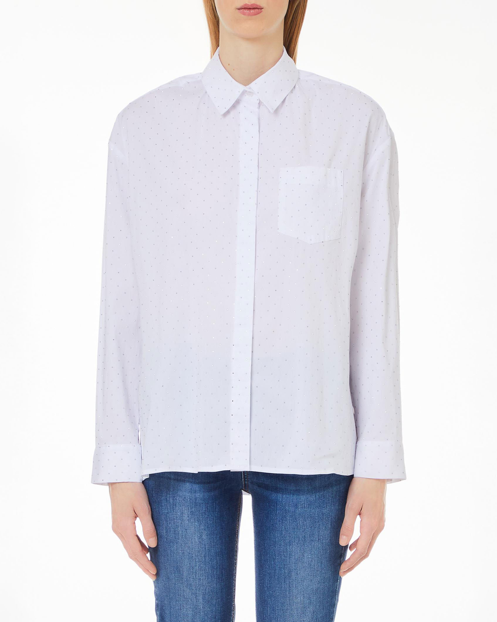 Camicia bianca dalla linea ampia in popeline di puro cotone con strass applicati all over