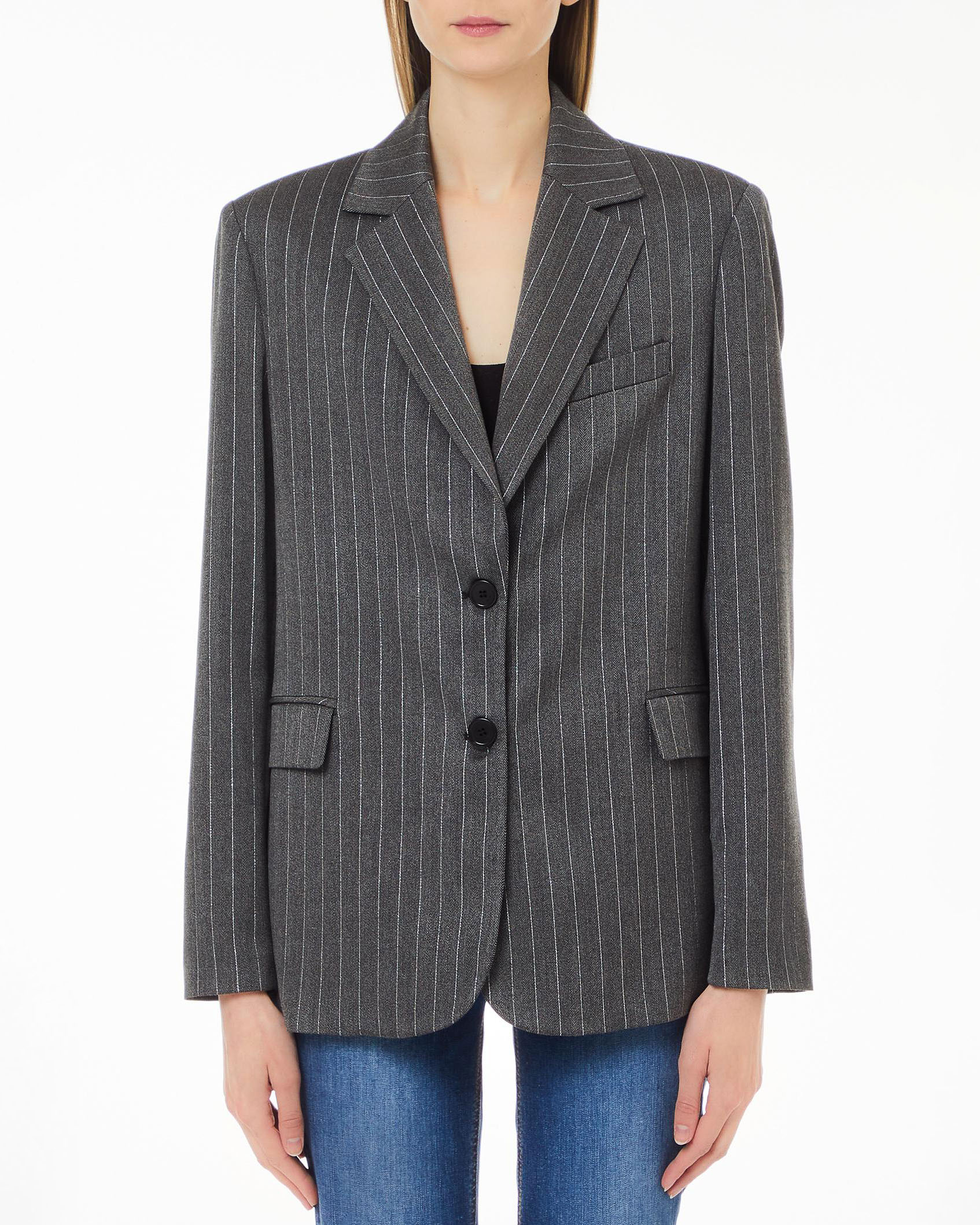 Blazer dalla linea oversize color antracite in tessuto gessato con righe in lurex