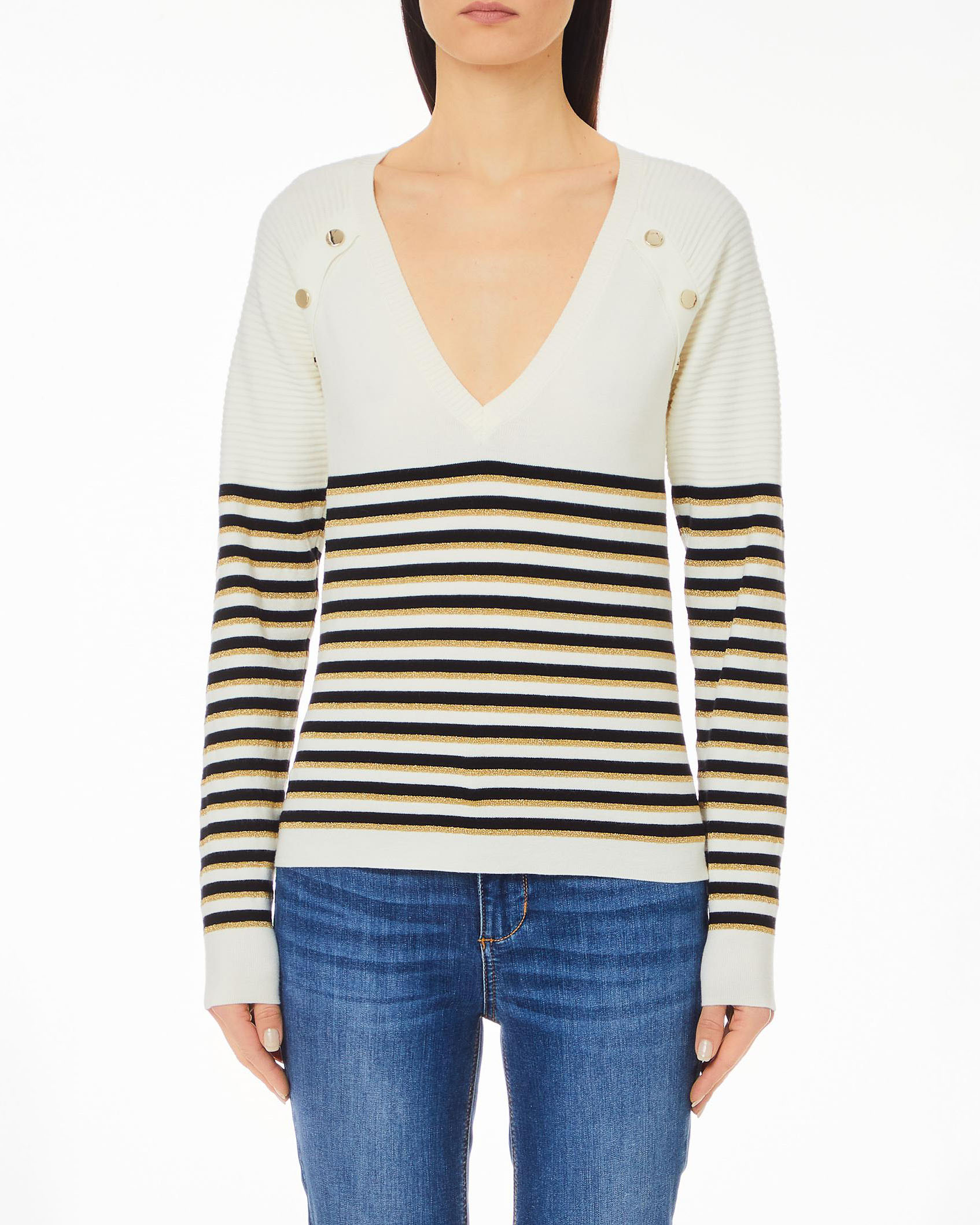 Maglia bianca a righe nere in misto viscosa con scollo a V con bottoni dorati a specchio