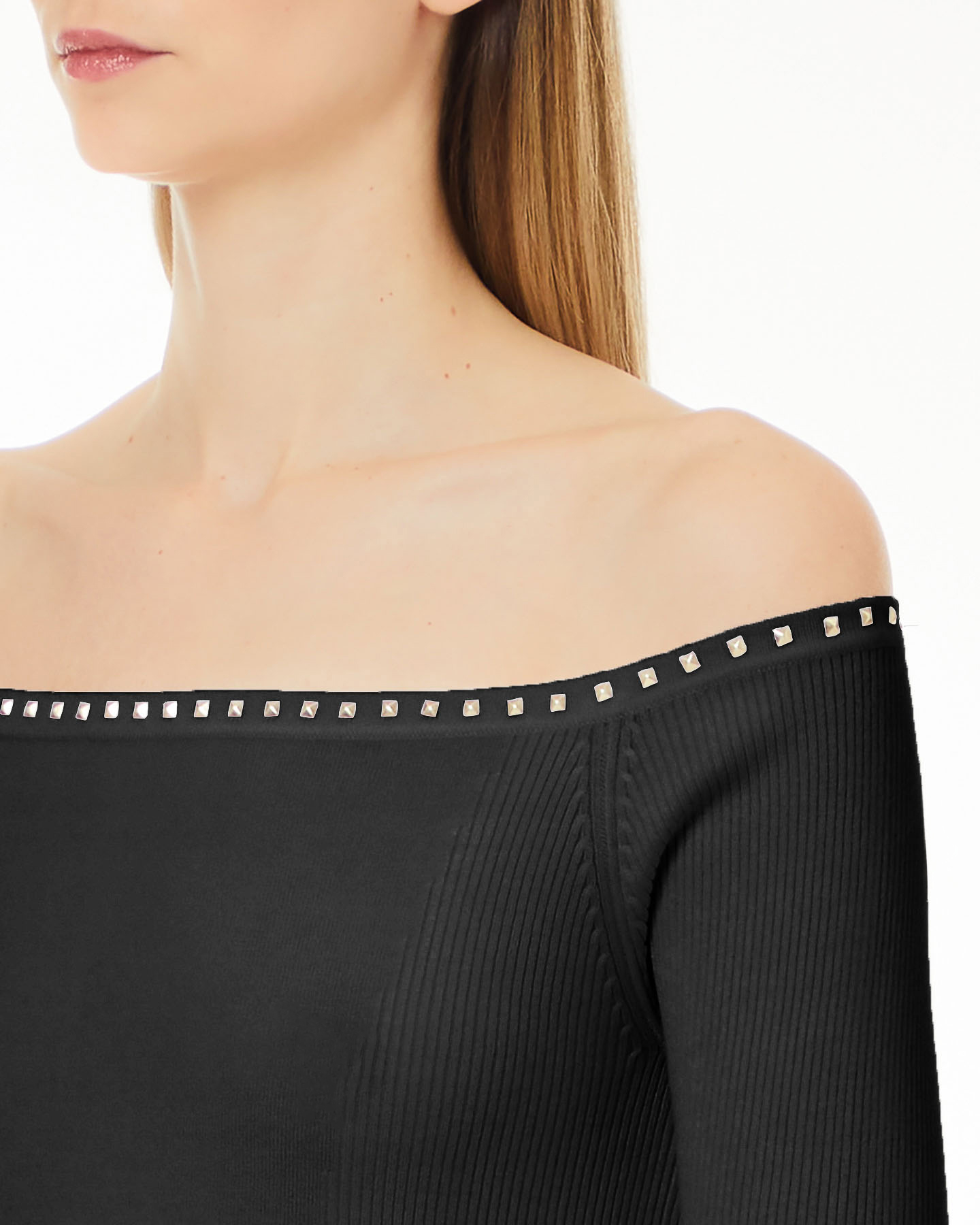 Maglia nera in misto viscosa con scollo dritto off shoulder con borchie argento applicate image