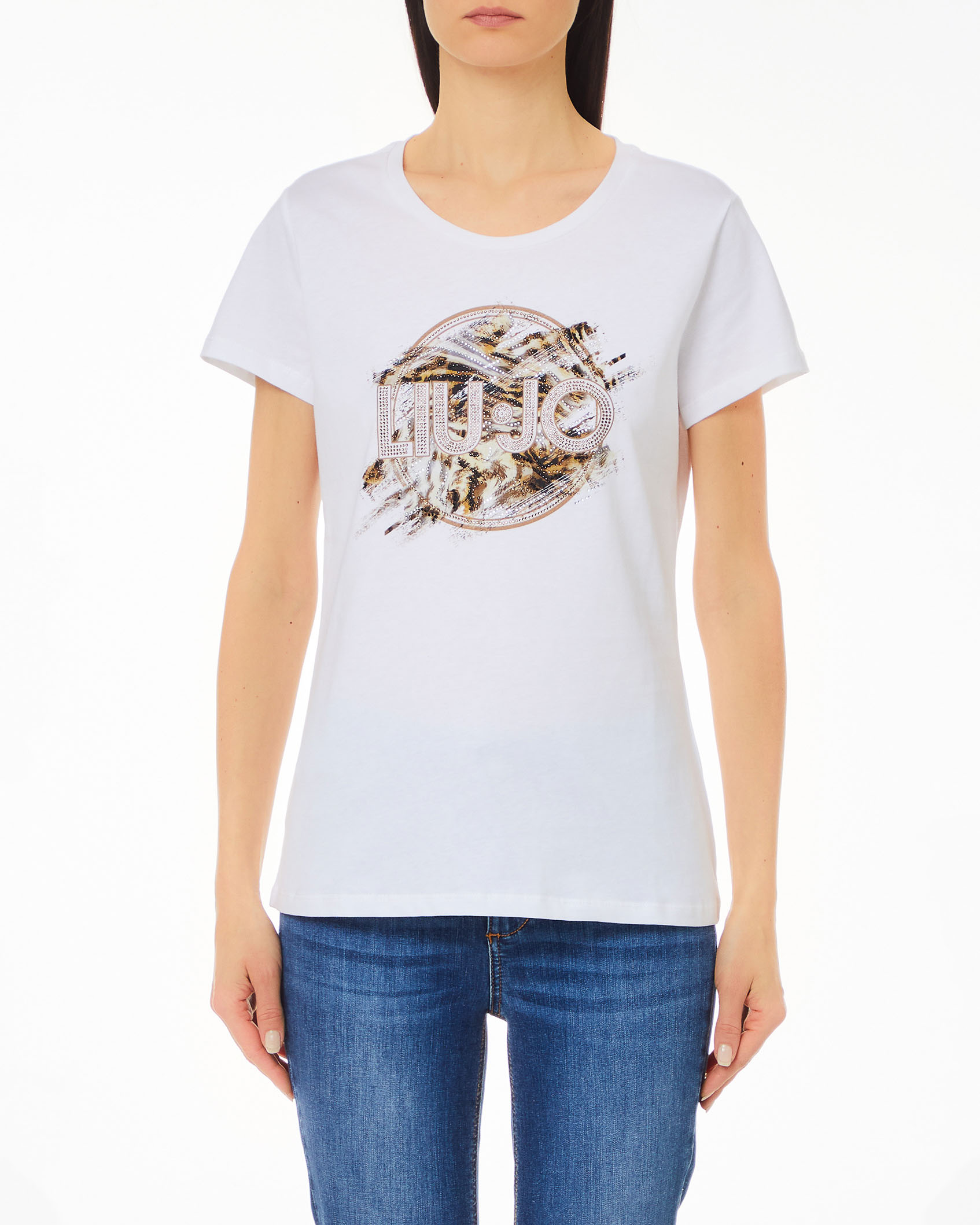T-shirt bianca regular in puro cotone con stampa logo rotonda con sfondo animalier e strass applicati